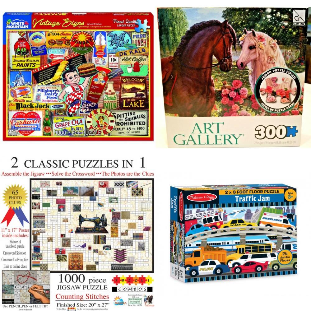 Assorted Puzzles 4 Pack Bundle: White Mountain "Vintage Signs" 1000 Piece Jigsaw Puzzle, 300 Piece Art Gallery Puzzle - Over The Fence - Jumbo Pieces