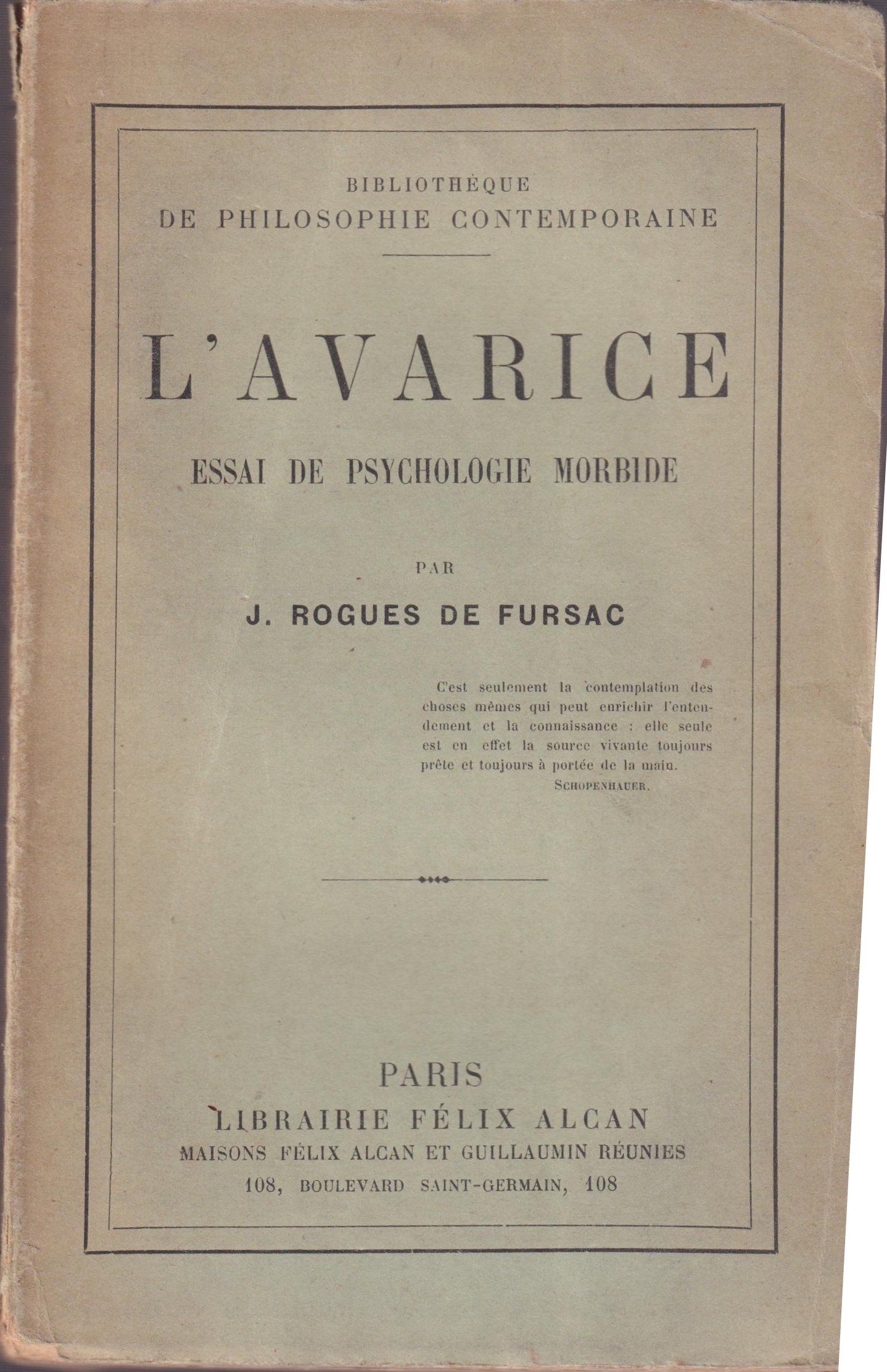 L'Avarice : Essai de Psychologie Morbide by J. Rogues de Fursac: Bon ...