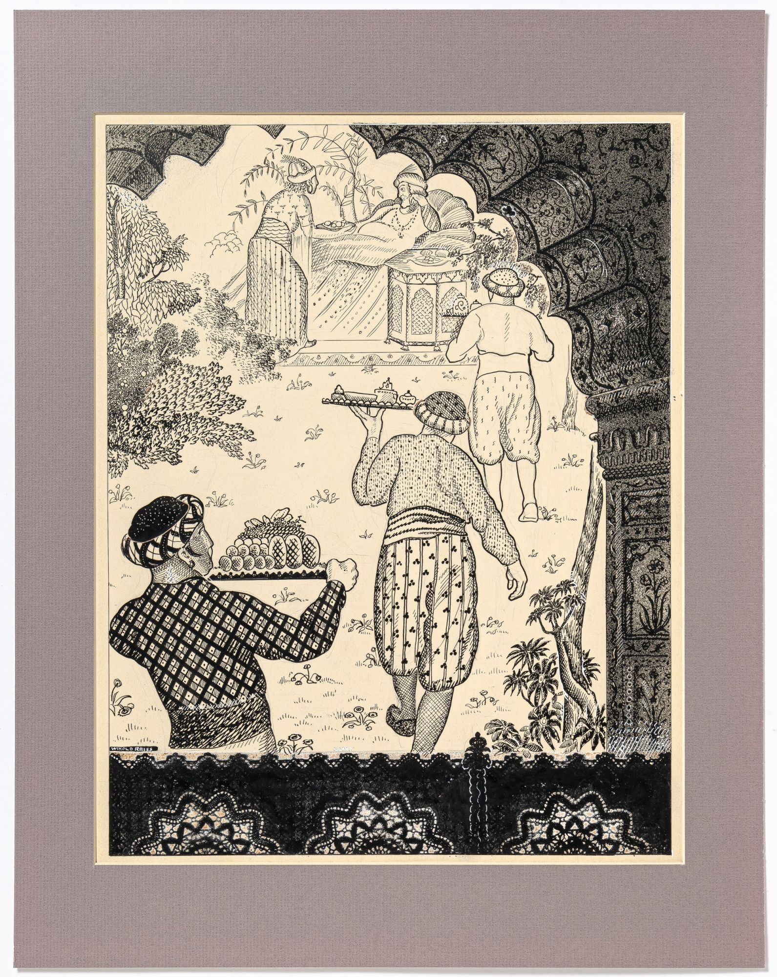 Pen and ink drawing of Four Men carrying Trays of Delicacies to a reclining Persian Nobleman REISS, Winold [Fine]