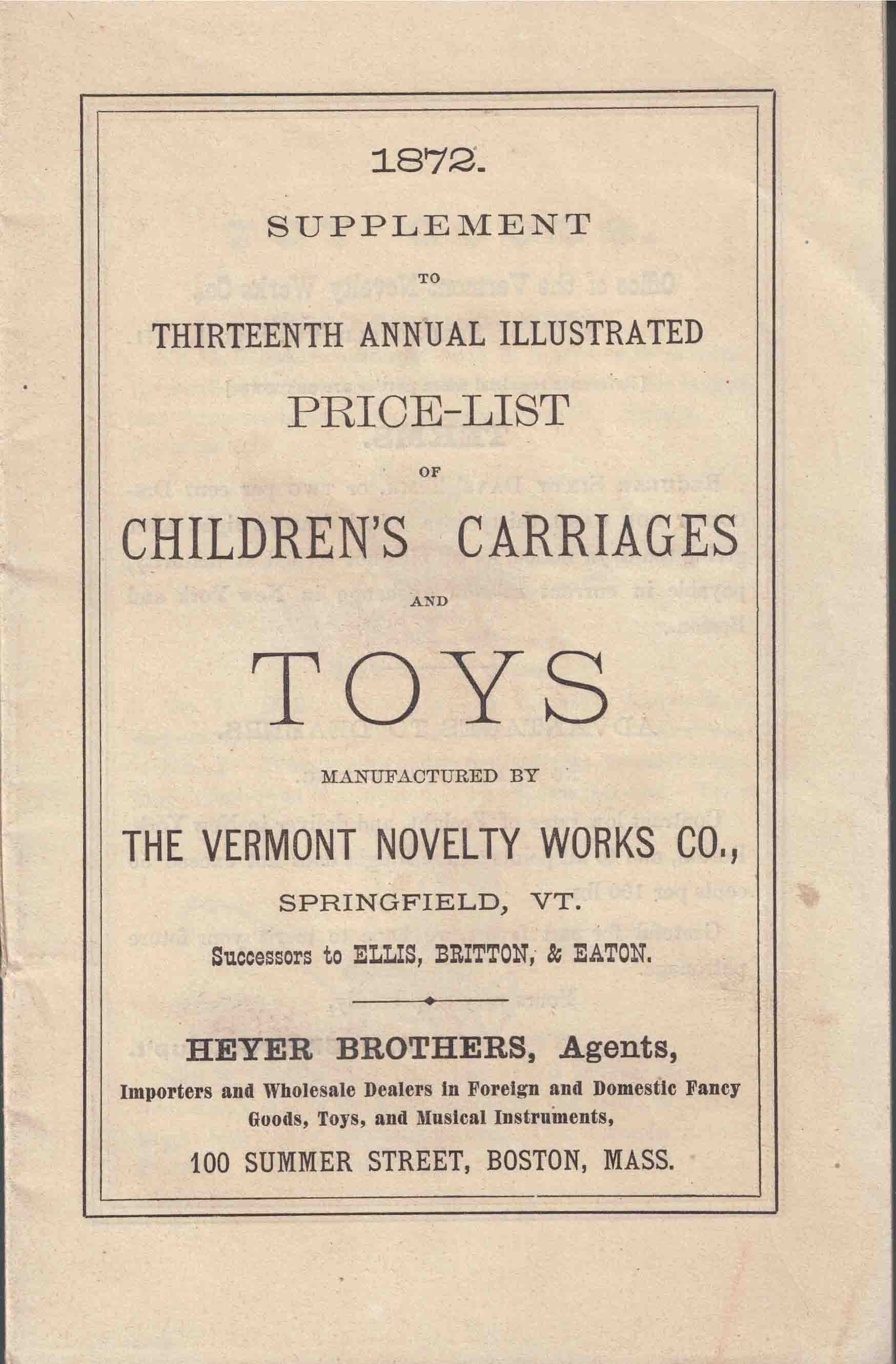 1872 Supplement to Thirteenth Annual Illustrated Price List of Children's Carriages and Toys Vermont Novelty Works Co. [ ] [Softcover]