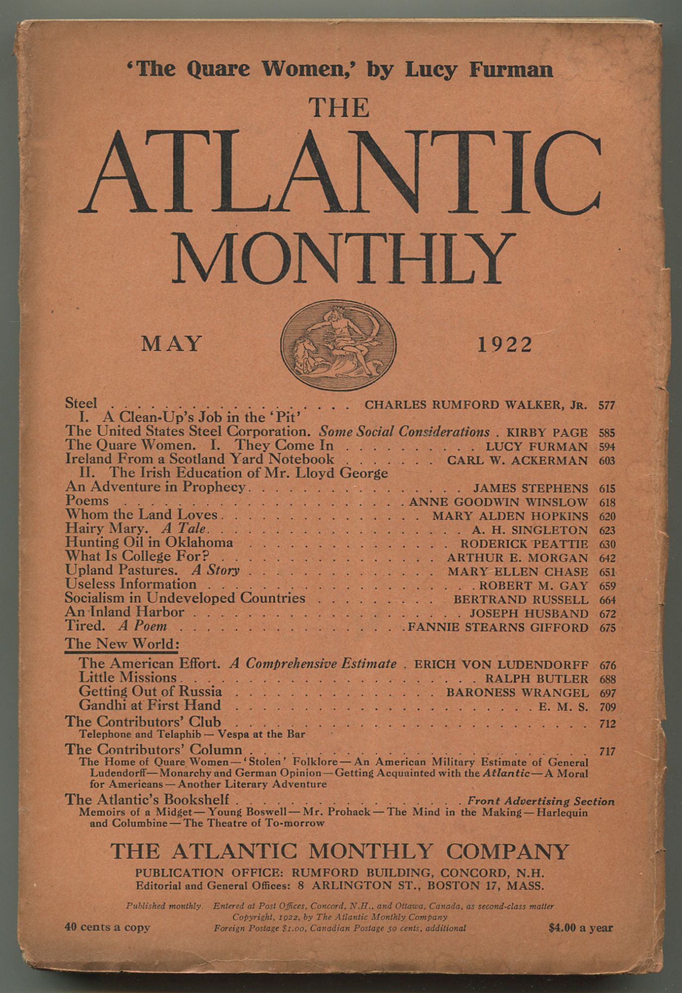 Atlantic　No.　129,　Covers-Rare　1922,　Good　the　The　May　Inc.　Between　Softcover　ABAA　Monthly　(1922)　Vol.　5:　Very　Books,