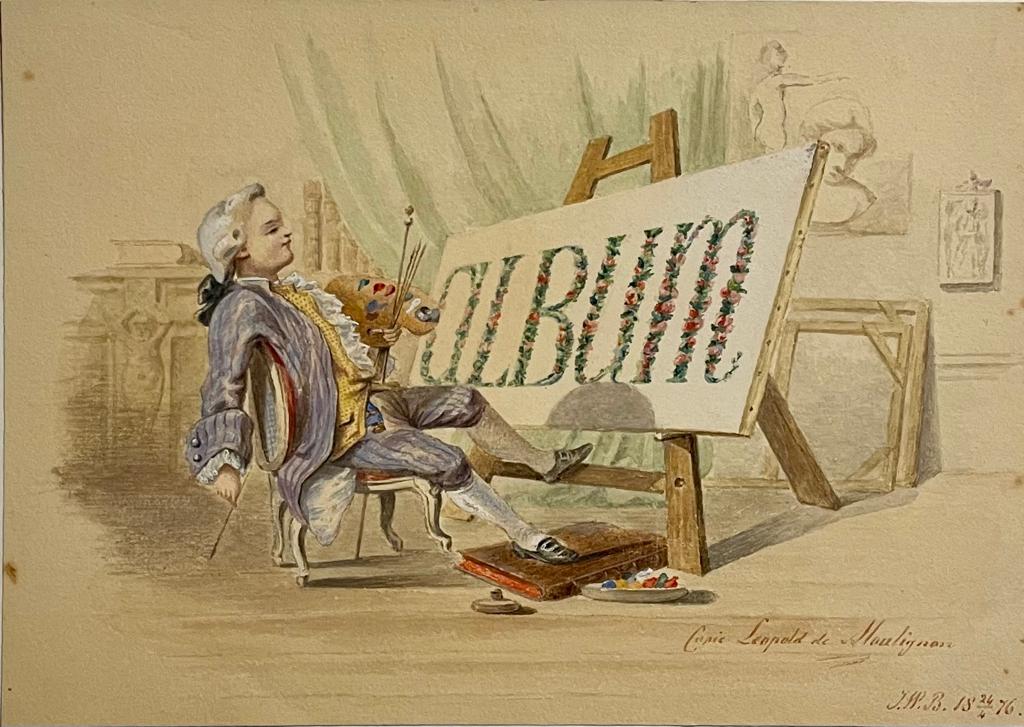 Antique drawing | Painter in front of an easel (Album frontispiece), 1876, 1 p. Monogrammist J.W.B., after Léopold de Moulignon (1821-1897) [ ]
