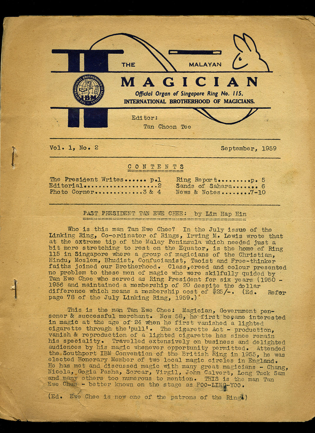 The Malayan Magician | Volume 1, No. 2 (September 1959) Tan Choon Tee [Editor] Lim Hap Hin, The Great Wong (Ng Bo Oen), Michael Lim, Tan Choon Tee, C