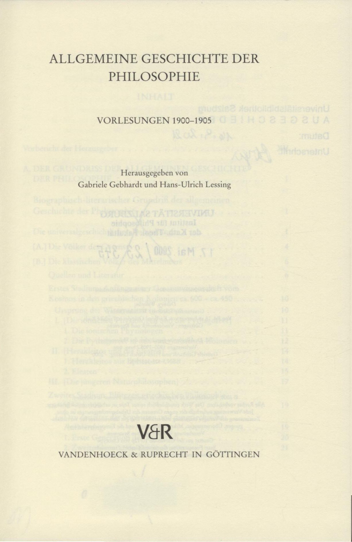 Allgemeine Geschichte der Philosophie Vorlesungen 1900 - 1905 - Dilthey, Wilhelm, Gabriele Gebhardt und Hans-Ulich Lessing