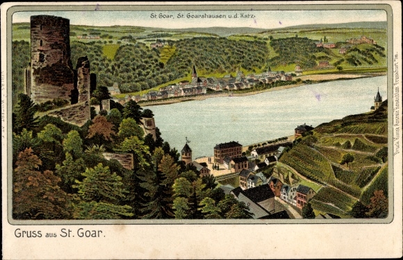 Litho St. Goar im Rhein Hunsrück Kreis, Blick auf den Ort, St ...