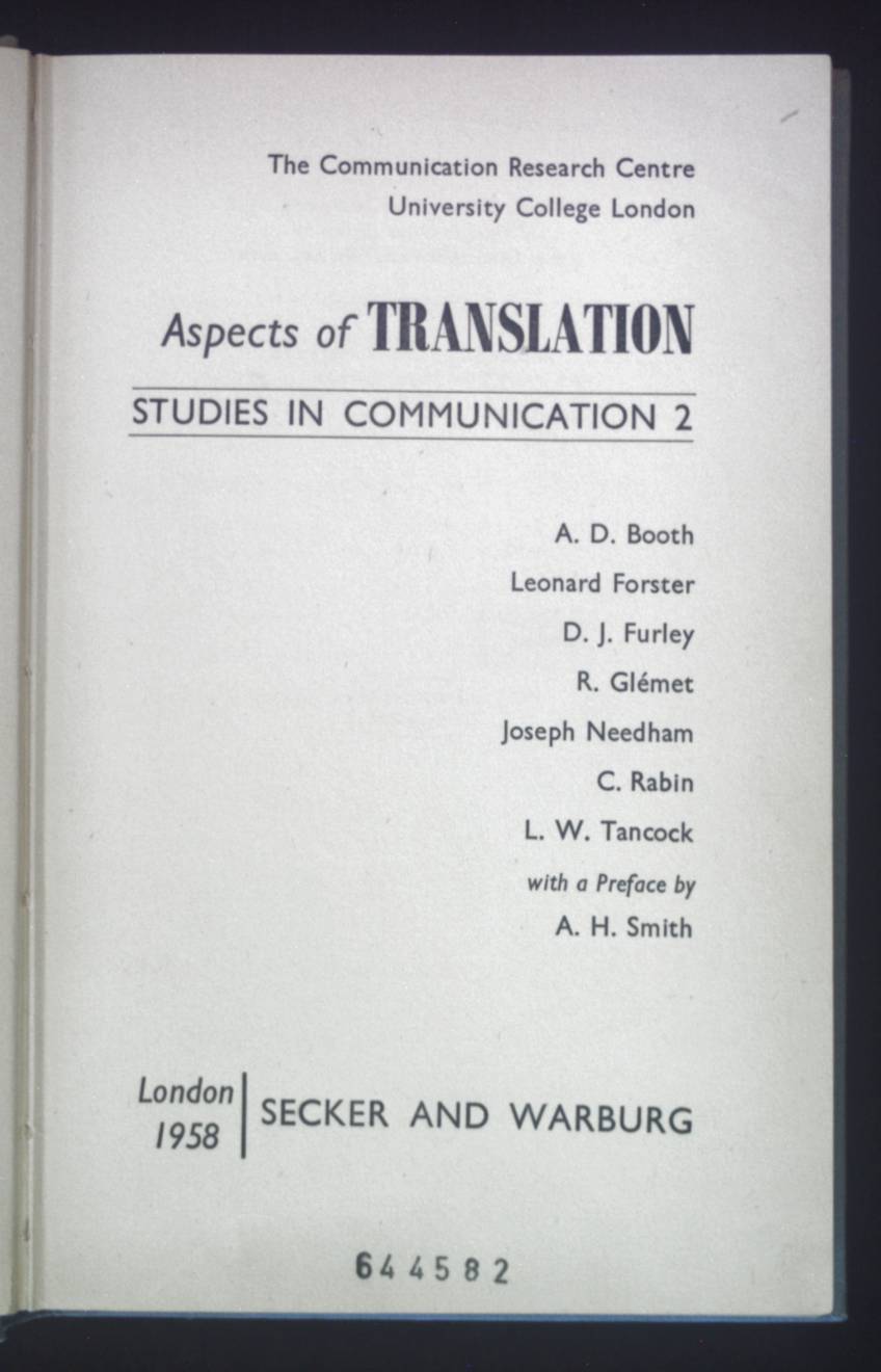 Aspects of Translation. Studies in Communication 2 - Booth, Andrew D., Leonard Forster and D.j. Furley