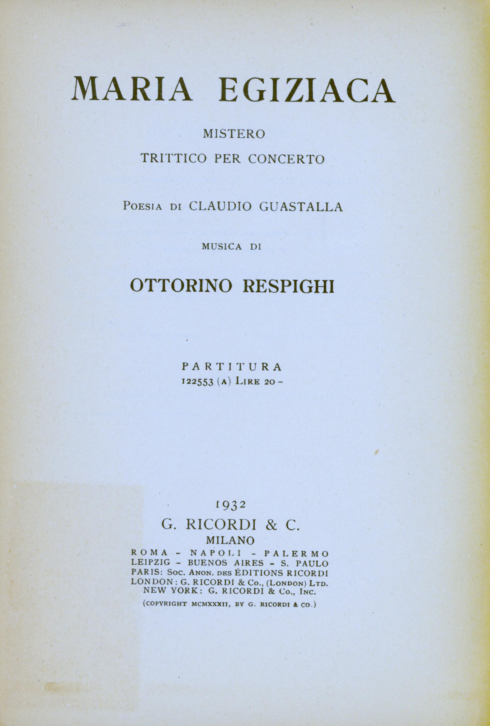 MARIA EGIZIACA. Mistero. Trittico per concerto. Poesia di Claudio  Guastalla. Partitura (Study score). da RESPIGHI Ottorino. (1879-1936).: ( 1932) Spartito | BP02