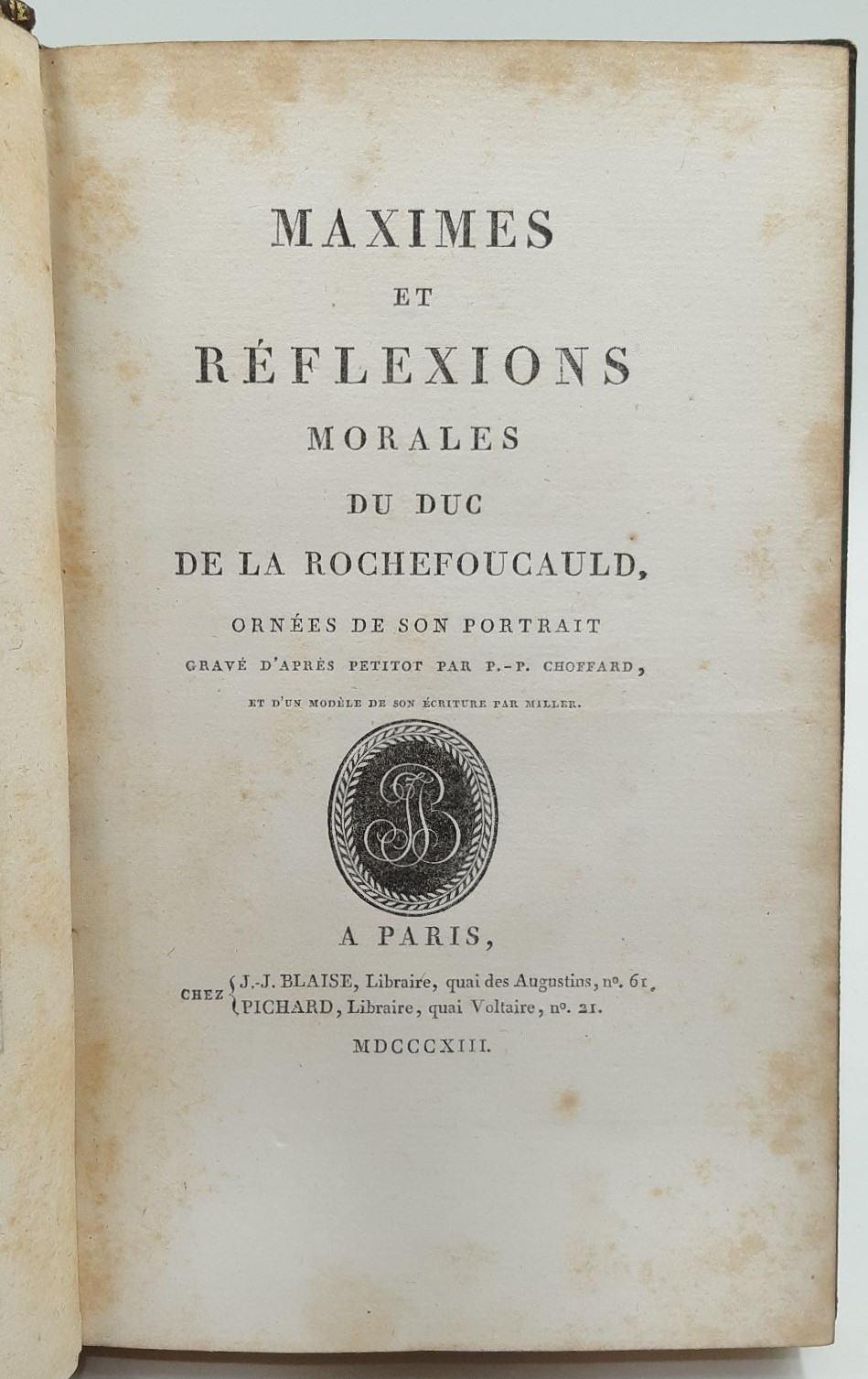 Maximes et Reflexions Morales by LA ROCHEFOUCAULD, Duc de: (1813