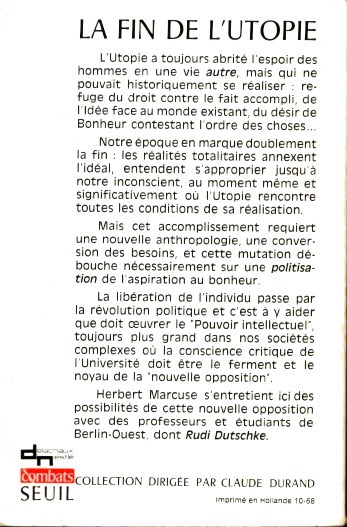 La fin de l'utopie par Herbert Marcuse: Bon Couverture souple (1968) | Bouquinerie Le Fouineur