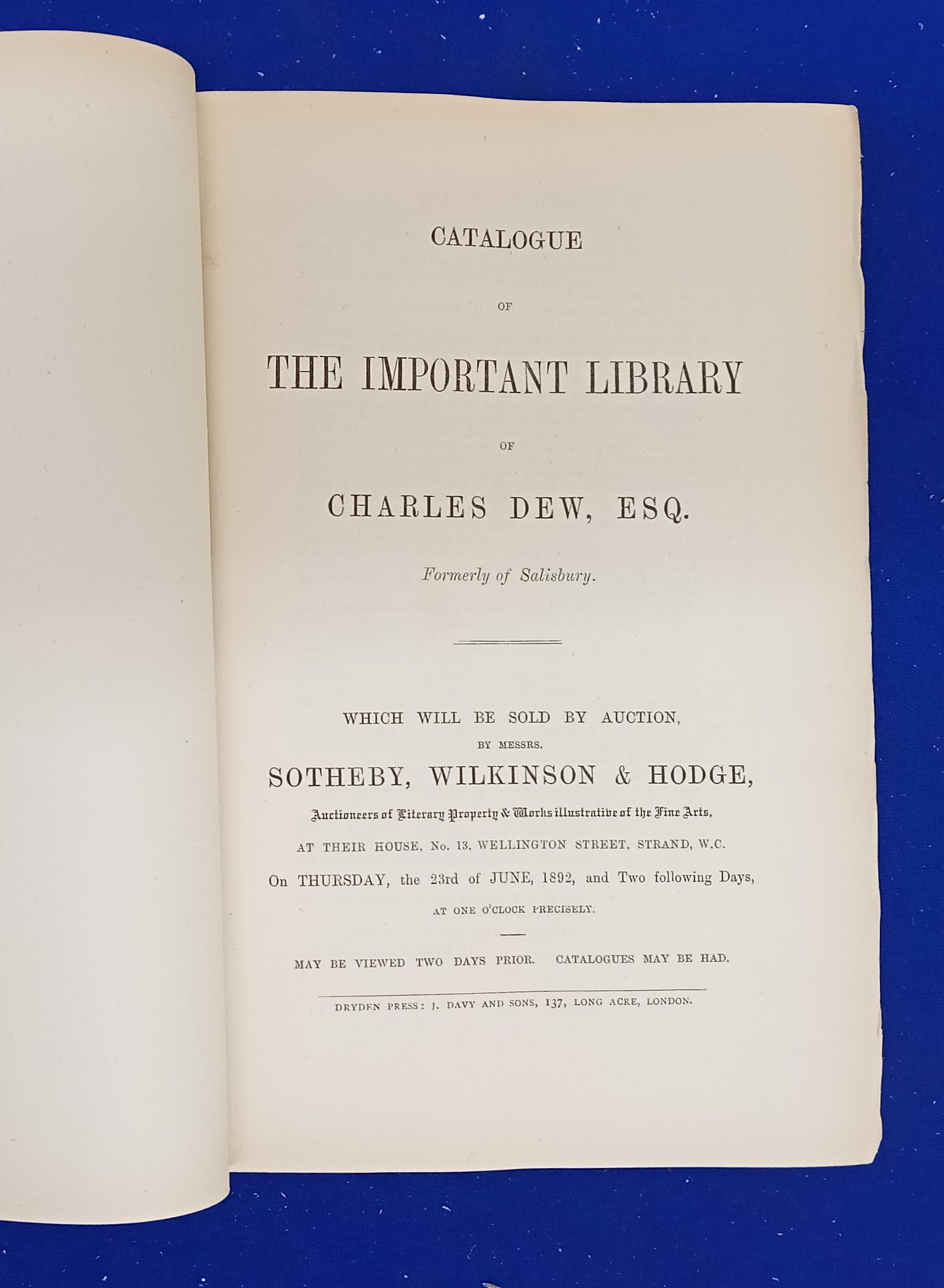 Catalogue of the Important Library of Charles Dew, Esq., formerly of ...