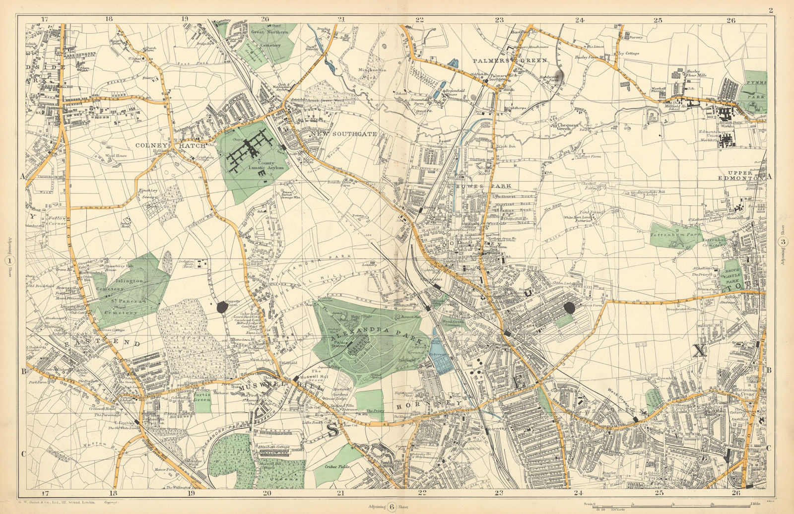 Sheet 2 from Bacon's 1900 London street atlas covering part of North London inc. Friern Barnet, Hornsey, Palmers, Wood Green, Southgate, Muswell Hill