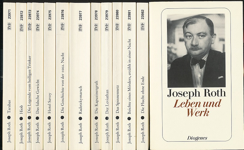 Konvolut von 13 gleichgestalteten Bänden [Werke]. Tarabas. Ein Gast auf dieser Erde. Roman. / Hiob. Roman eines einfachen Mannes. / Die Legende vom heiligen Trinker. Erzählung. / Das falsche Gewicht. Die Geschichte eines Eichmeisters. Roman. / Hotel Savoy. Roman. / Die Geschichte von der 1002. Nacht. Roman. / Radetzkymarsch. Roman. / Die Kapuzinergruft. Roman. / Der Leviathan und andere Meistererzählungen. Ausgewählt von Daniel Keel. Mit einem Nachwort von Stefan Zweig. / Das Spinnennetz Roman. / Beichte eines Mäders, erzählt in einer Nacht. Roman. / Die Flucht ohne Ende. Ein Bericht. Roman. / Leben und Werk. Herausgegeben von Daniel Keel und Daniel Kampa. - Roth, Joseph