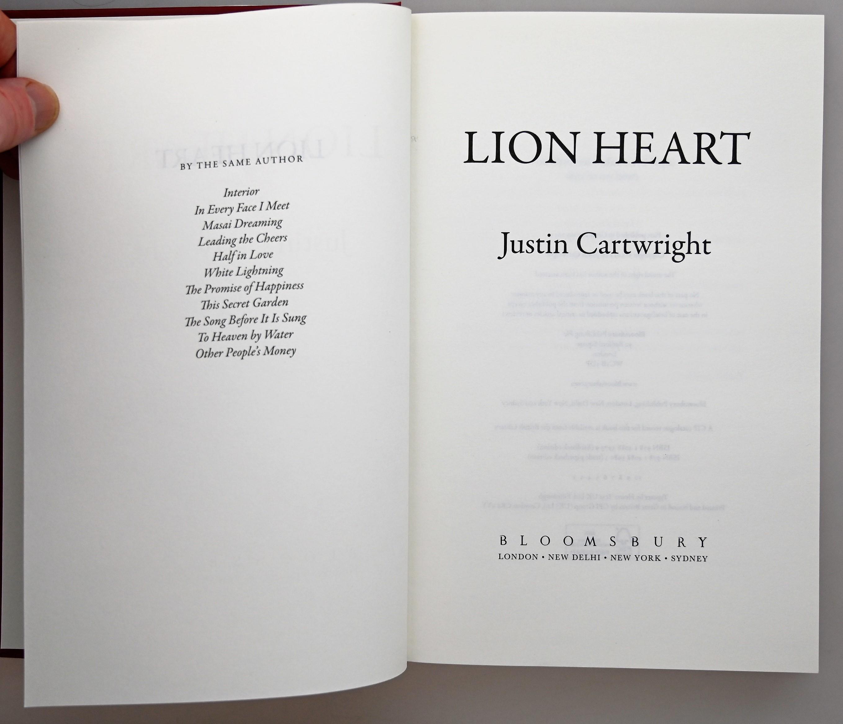 Lion heart by Cartwright, Justin: Fine Hardcover (2013) 1st Edition |  BiblioFile