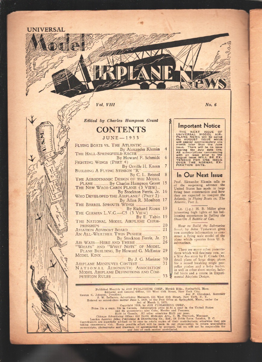 Model Airplane News 6/1933-No covers-Aviation features-diagrams-vintage ads-P [Poor] [Softcover]