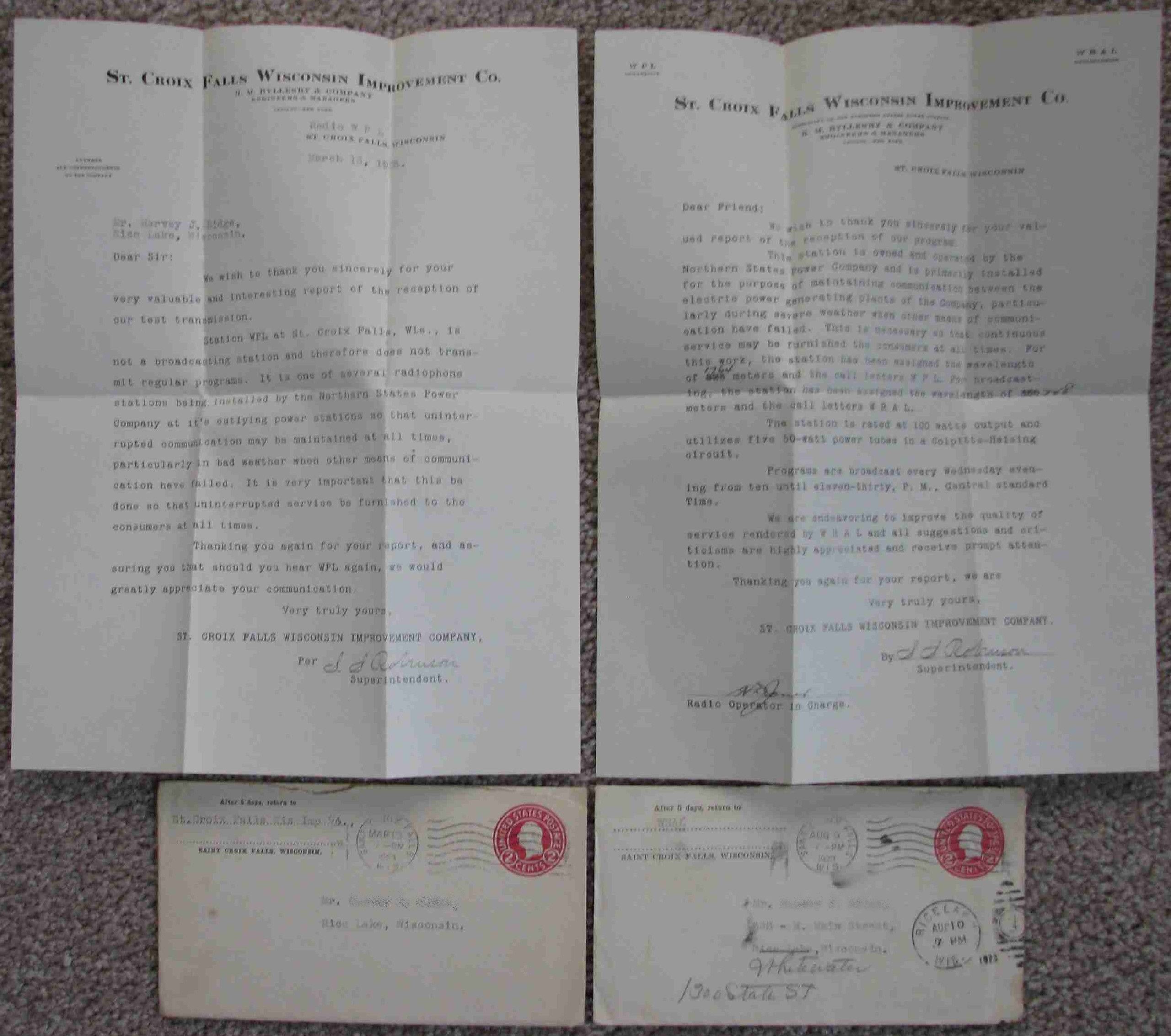 [Two] 1923 WPL Radio Reception Letters [St. Croix Falls Wisconsin ...
