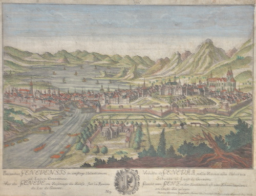 Prospectus Genevensis, in confinys Helvetiorum, ad Lacum Genevensis. Gesicht von Genf, in der Nachbarschaft von Schweitzerland, am Genser-See gelegen