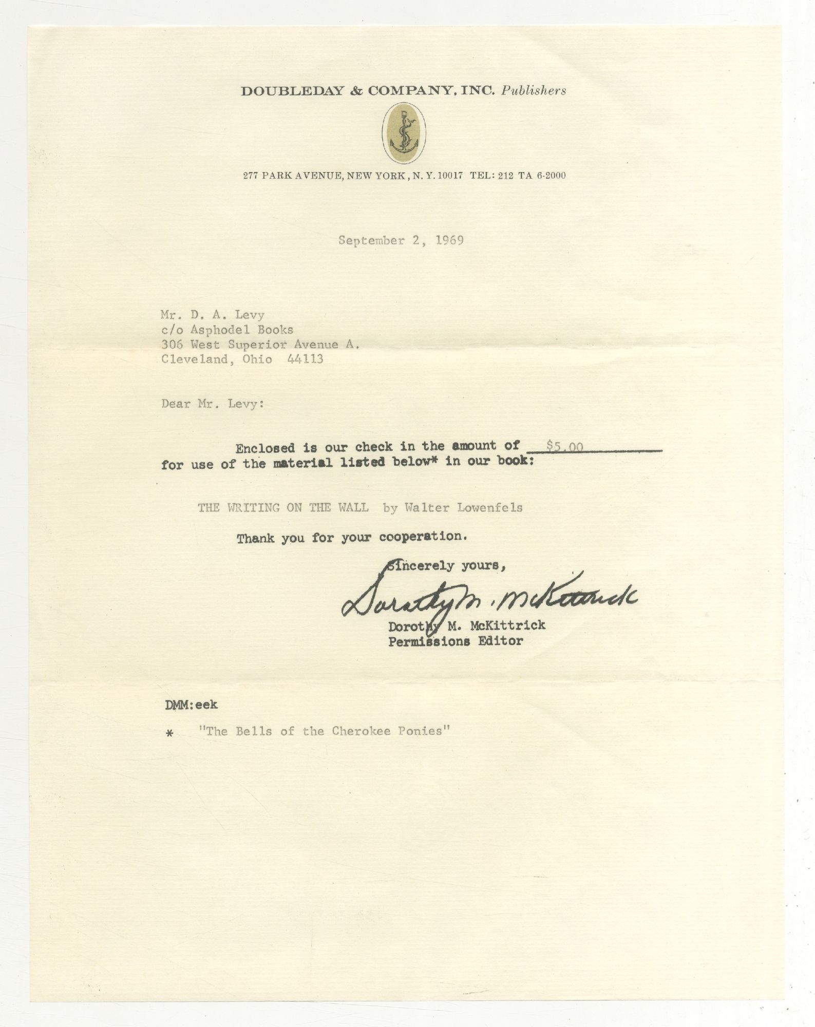 Uncashed Check Sent to d.a. levy for Inclusion in an Anthology [with