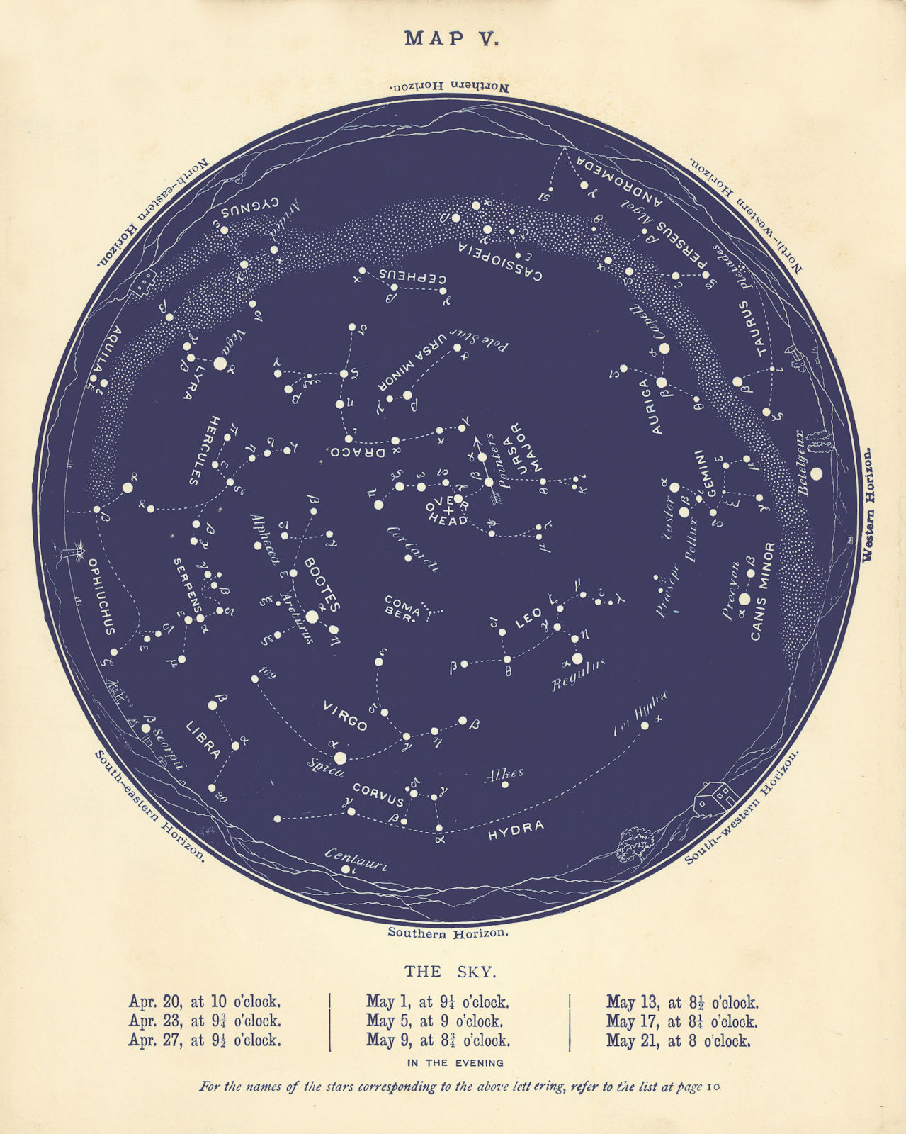 Map V. [Night Sky April and May] by Proctor, Richard (1896) Map