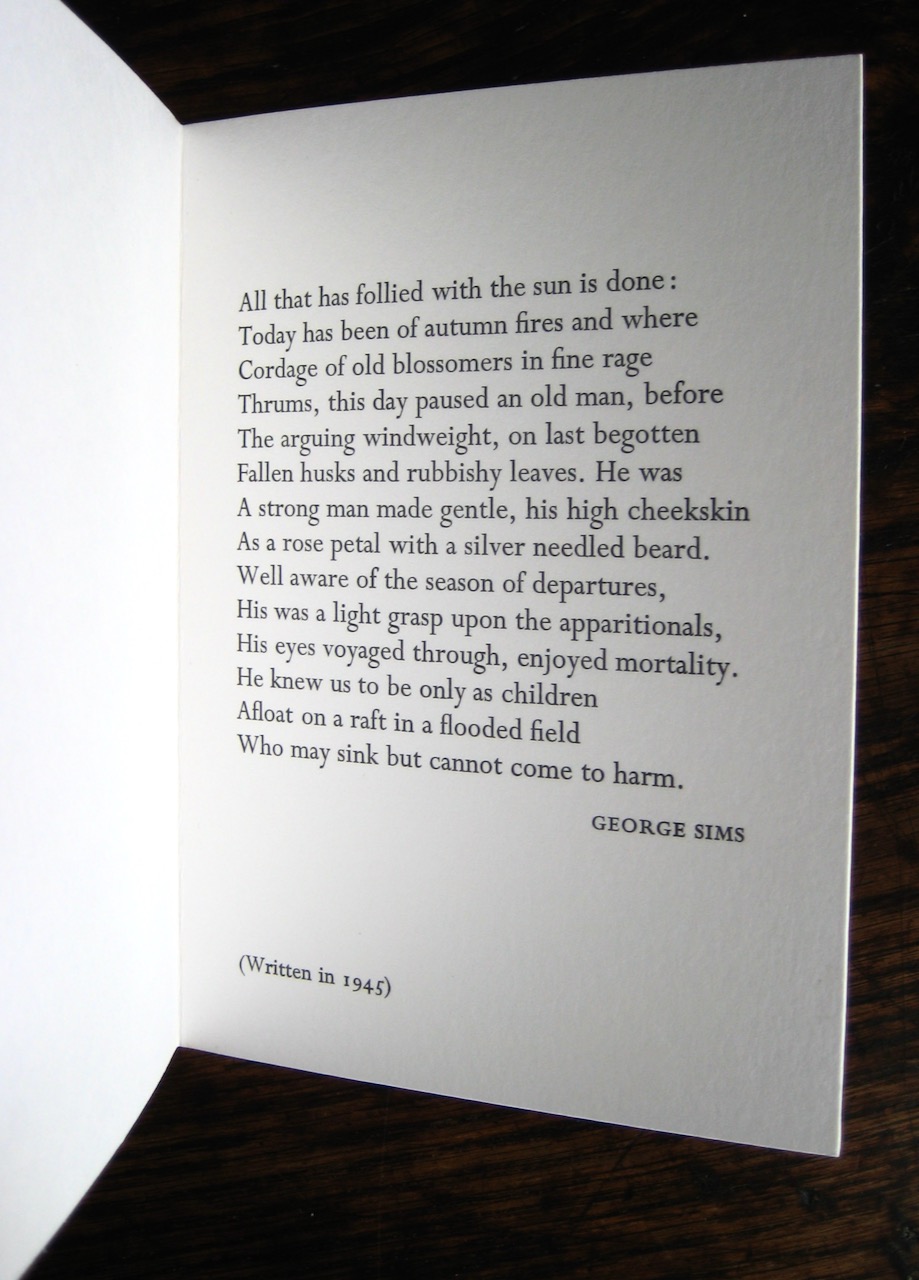 Christmas 1989: [Christmas card, printing George Sims's 1945 sonnet "All That Has Follied With the Sun is Done"] George SIMS [Very Good]