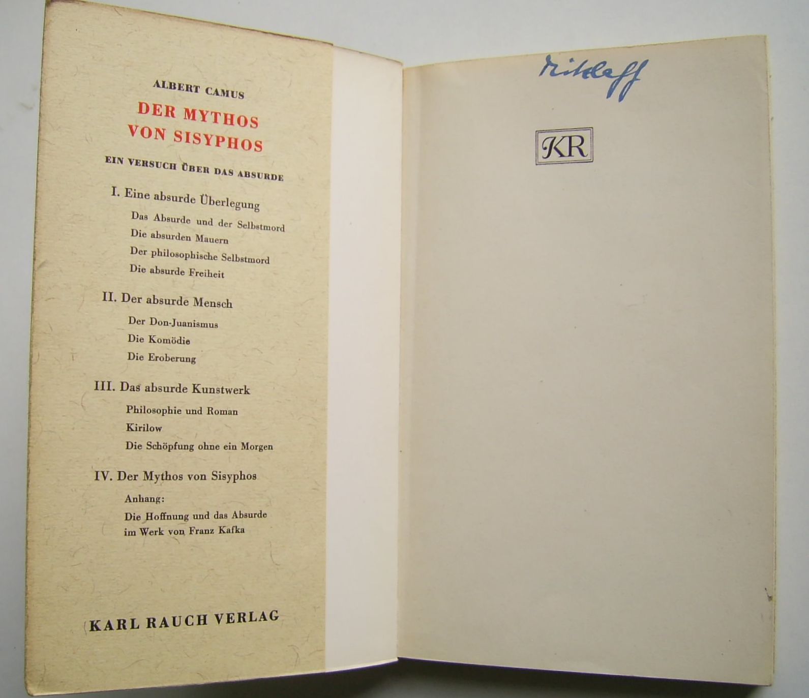 Der Mythos von Sisyphos Deutsche Erstausgabe aus dem Jahr 1950 by Albert Camus Gut bis sehr