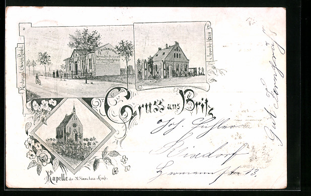Ansichtskarte Britz, Restaurant Joseph Riedel, Inspector-Haus, Kapelle der St. Simon, Luca-Gemeinde [ ]