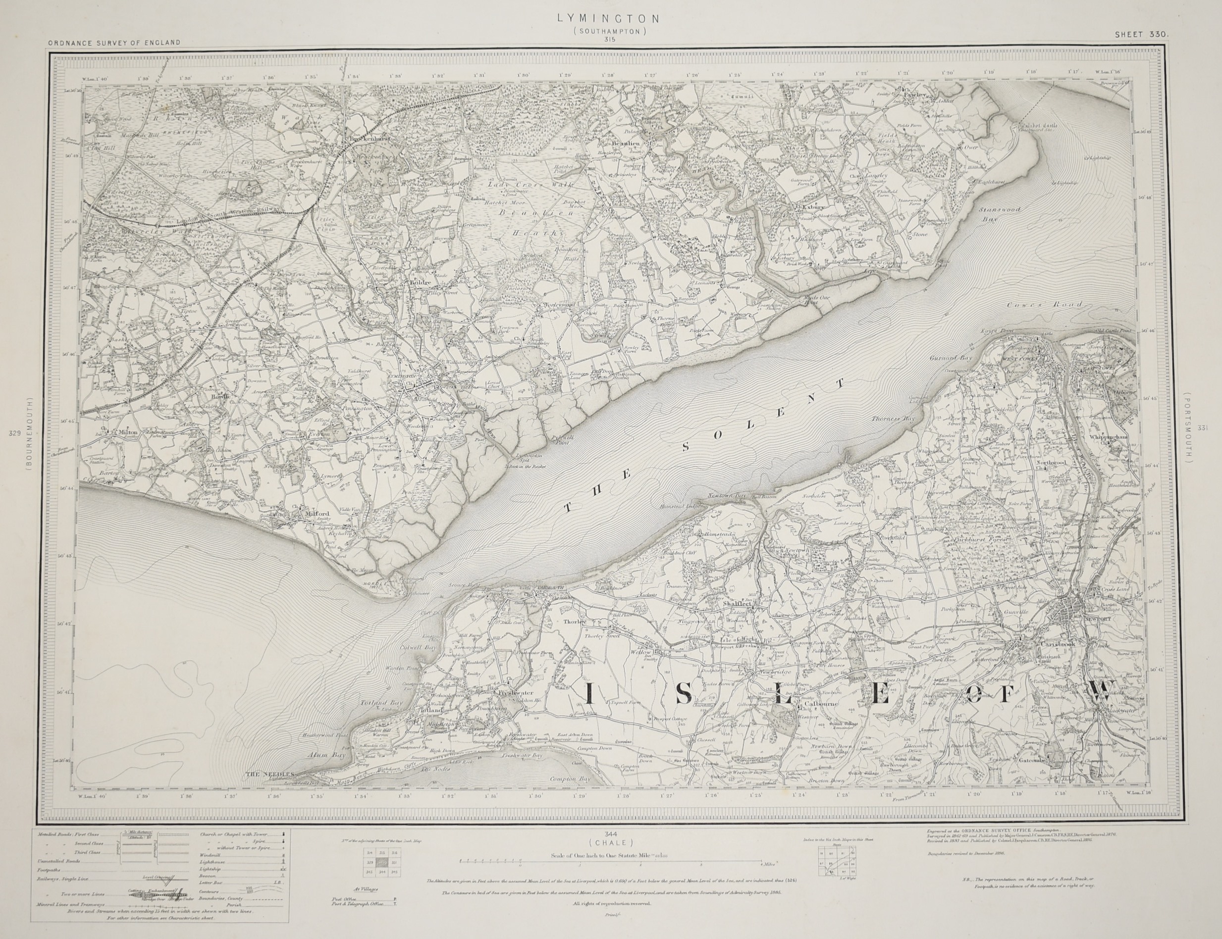 Ordnance Survey MAP Sheet 330 LYMINGTON. Scale 1 inch to 1 mile. Shows areas of LYMINGTON