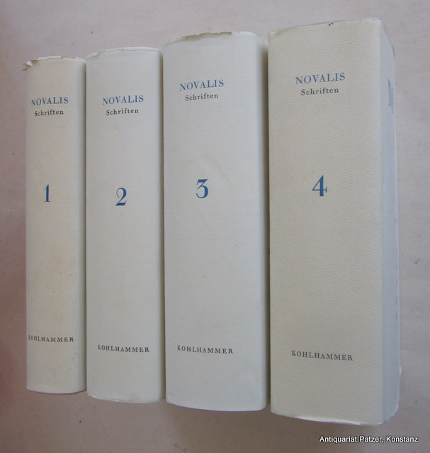 Schriften. 2., nach den Handschriften ergänzte, erweiterte u. verbesserte Auflage. Herausgegeben von Paul Kluckhohn (Band 1), Richard Samuel, Heinz Ritter, Hans-Joachim Mähl u. Gerhard Schulz. Stuttgart, Kohlhammer, 1960-1975. Mit einigen Tafeln. Or.-Lwd. mit Schutzumschlag; Schutzumschläge mit leichten Gebrauchsspuren (tlw. etwas gebräunt, kl. Randläsuren u. Knickspuren). - Novalis.