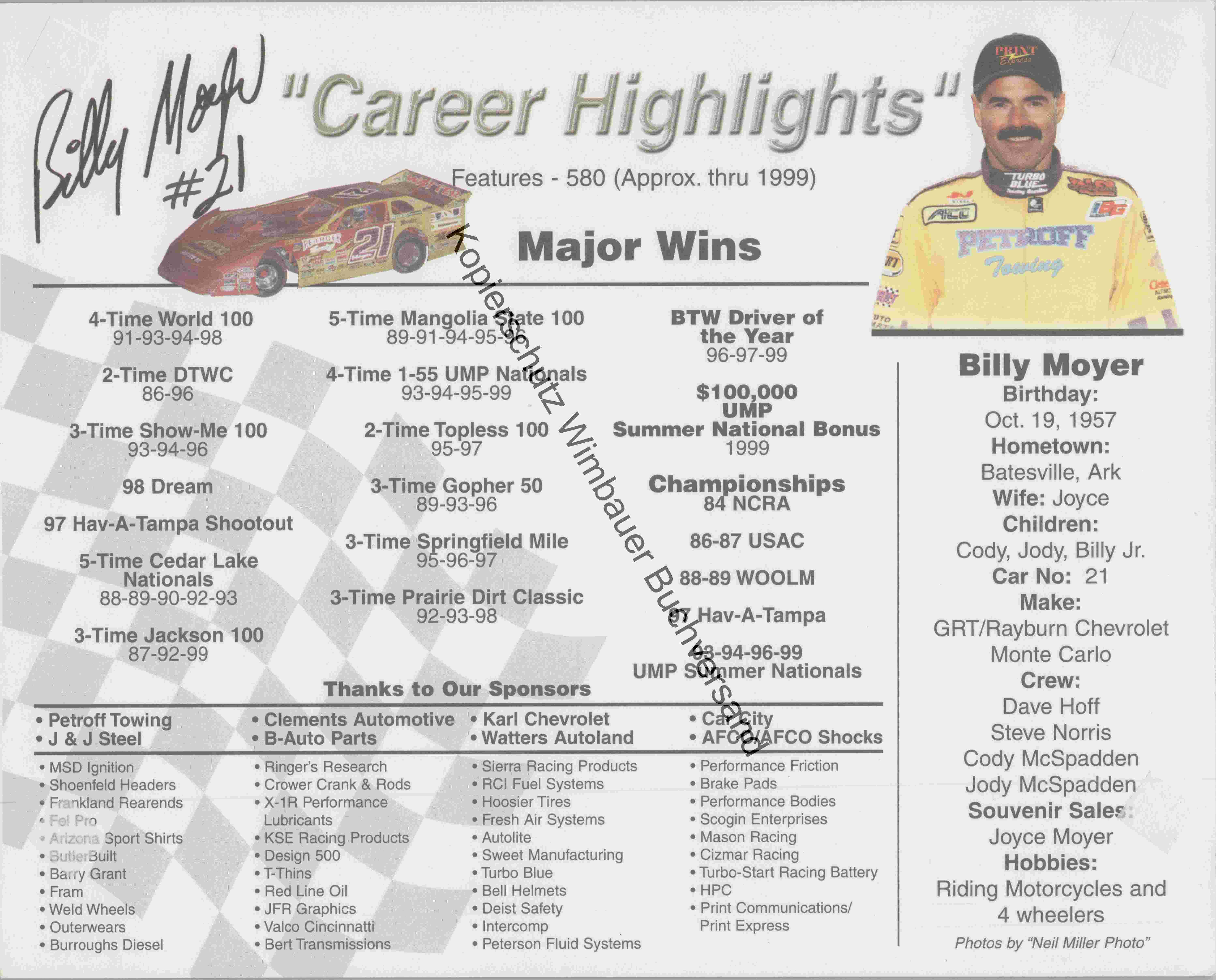 Original Autogramm Billy Moyer racing Driver /// Autograph signiert