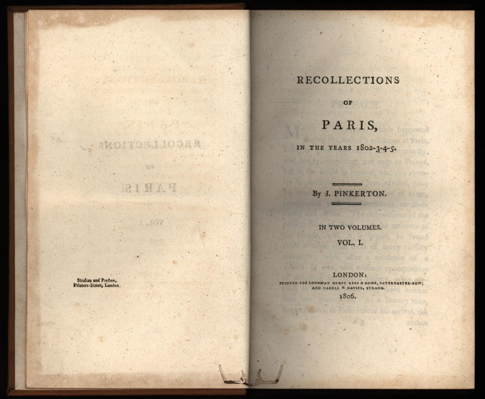 Recollections of Paris, in the Years 1802-3-4-5 [Complete in 2 Volumes] by  J. Pinkerton: Very Good Hardcover (1806) 1st Edition | Sapience Bookstore