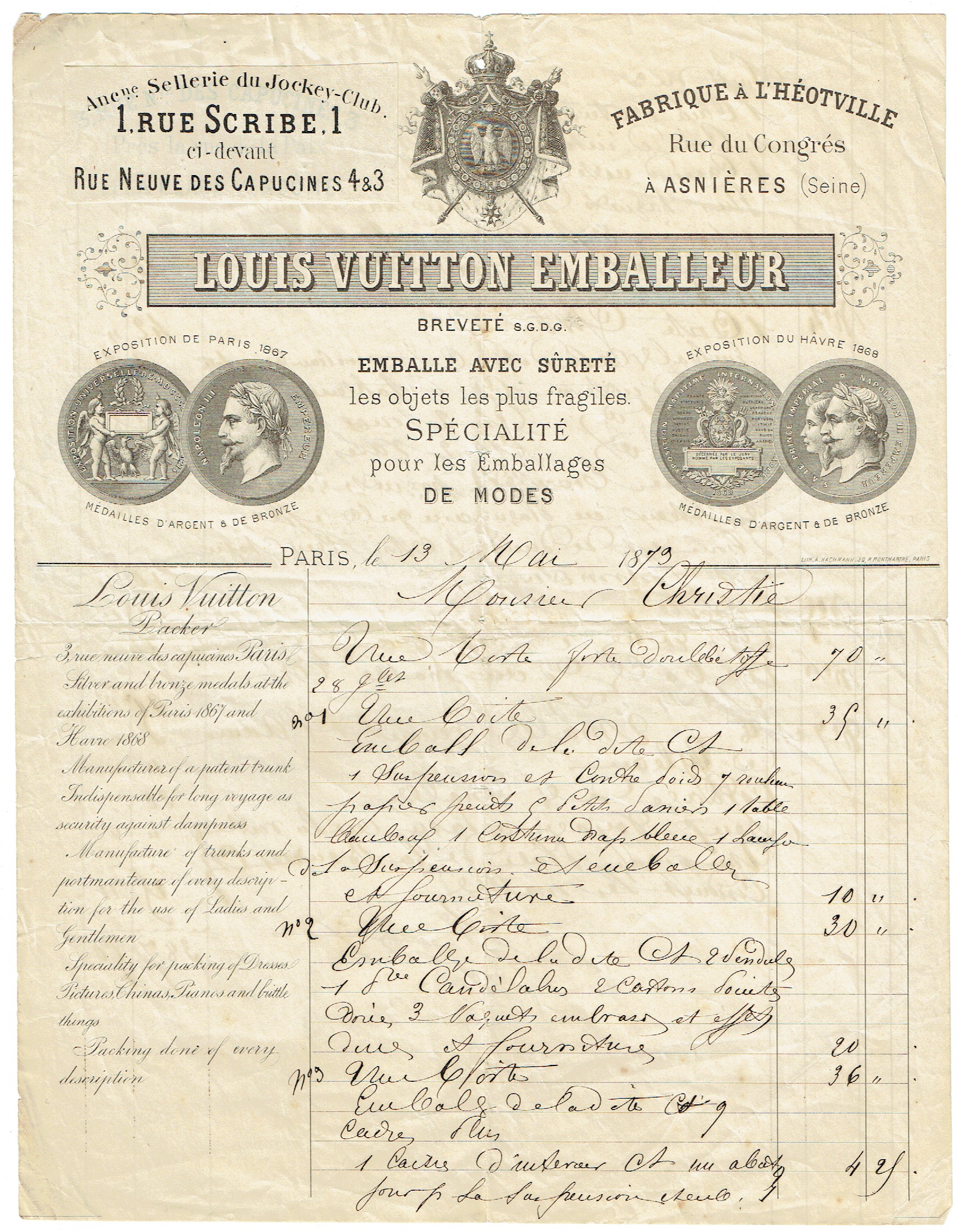 Autograph Document signed LV. by Vuitton, Louis, French fashion designer  and businessman. He was the founder of the Louis Vuitton brand of leather  goods now owned by LVMH (1821-1892).:  Manuscript / Paper Collectible