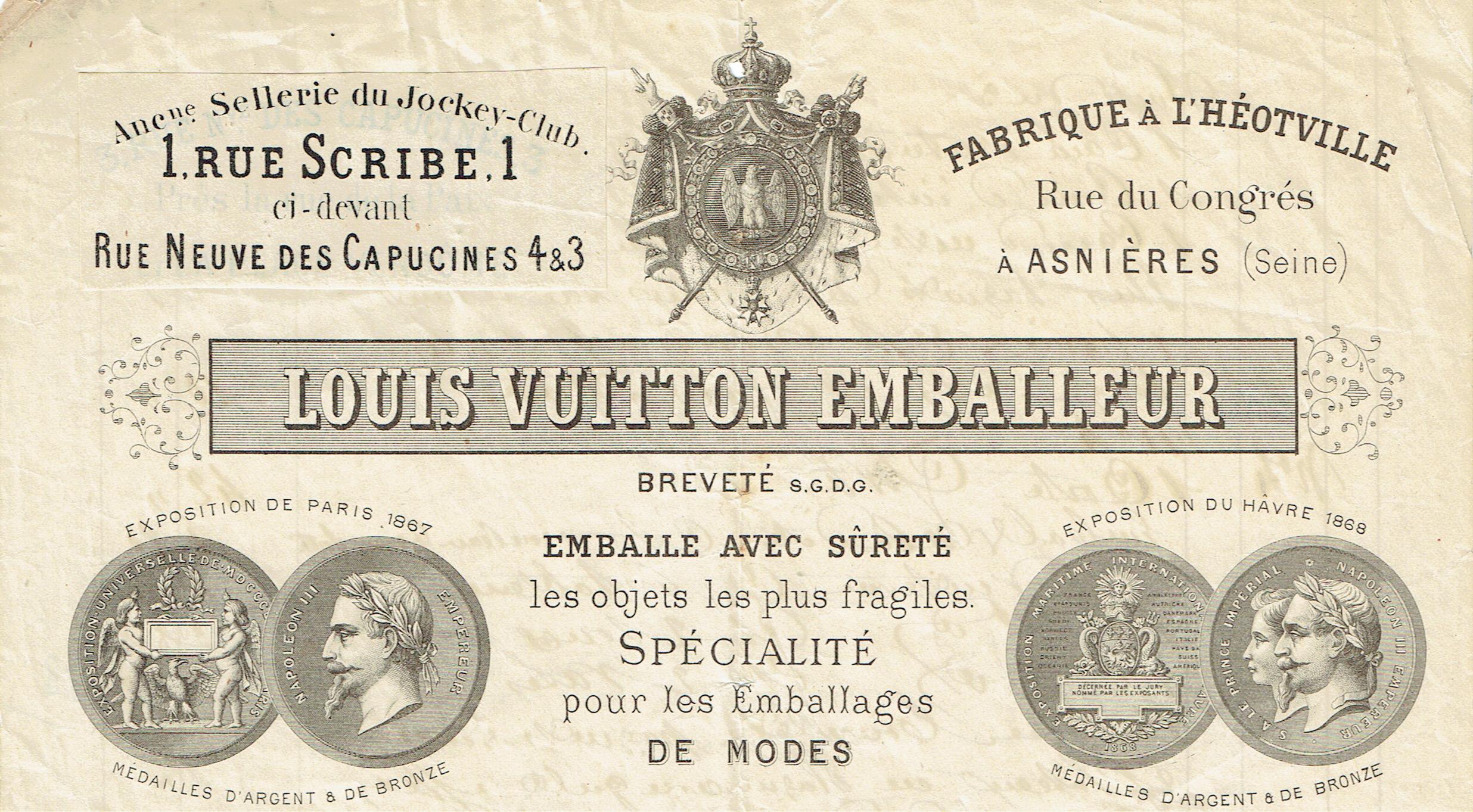Autograph Document signed LV. by Vuitton, Louis, French fashion designer  and businessman. He was the founder of the Louis Vuitton brand of leather  goods now owned by LVMH (1821-1892).:  Manuscript / Paper Collectible