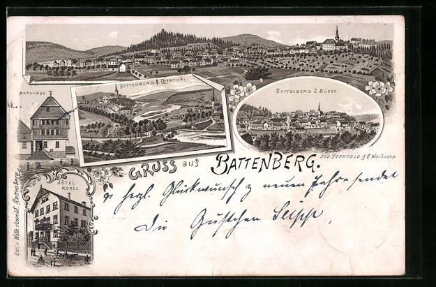 Lithographie Battenberg, Hotel Rohde, Rathaus, Ortsansichten: (1897 ...