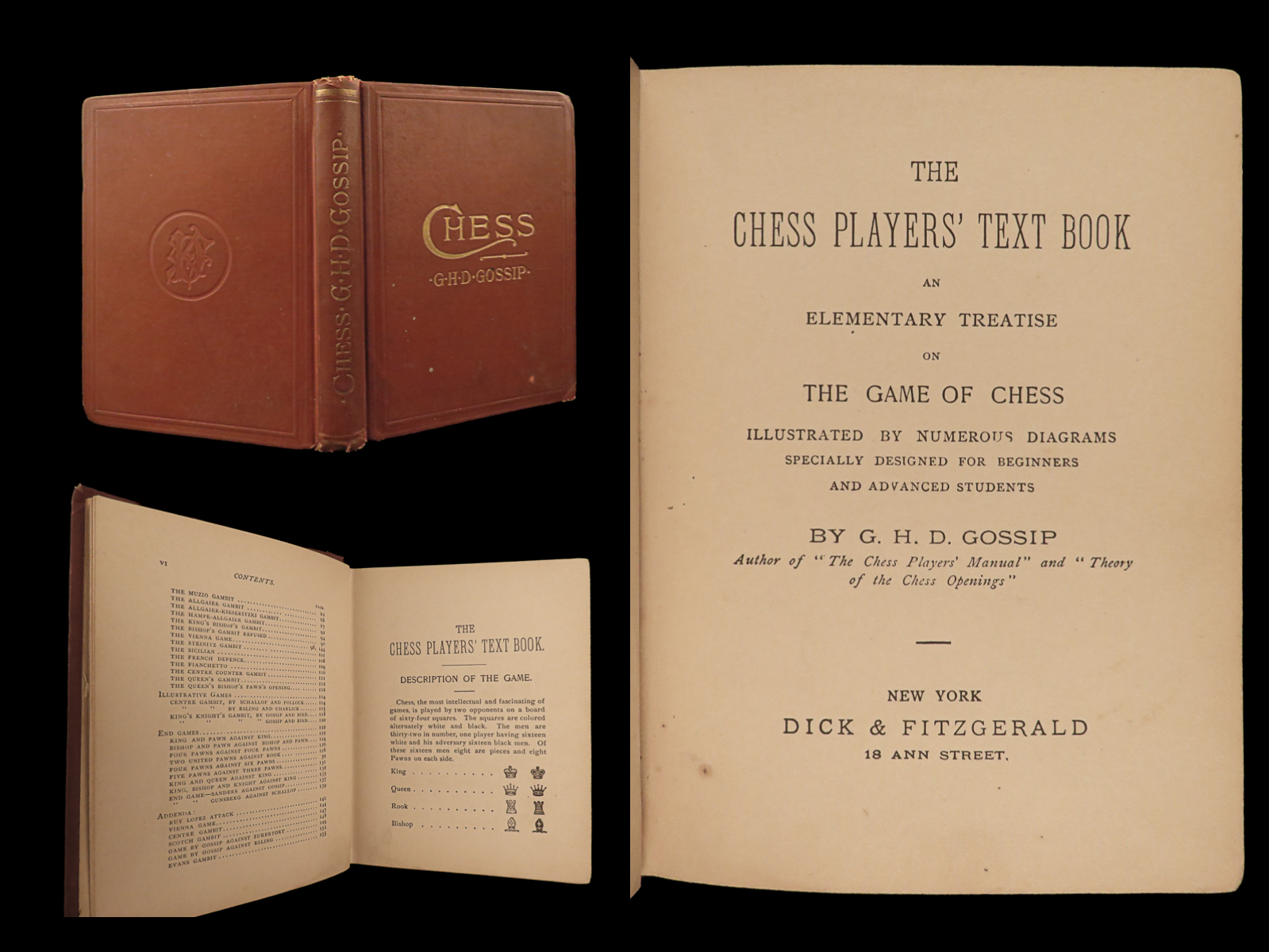 The Chess Players Text Book: An Elementary Treatise on the Game of Chess.  Illustrated by Numerous Diagrams Specially Designed for Beginners and  Advanced Students. by GOSSIP, G.H.D.: Near Fine Hardcover (1889) 1st