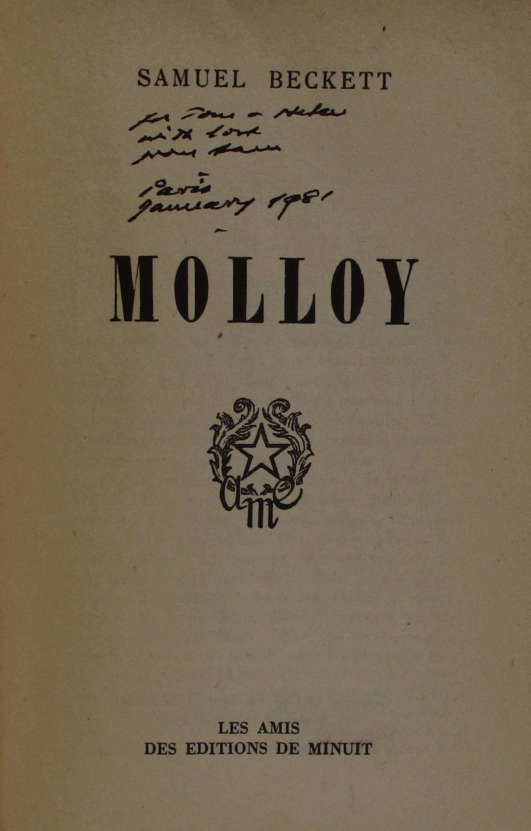 Molloy by Samuel Beckett: Soft cover (1951) 1st Edition Molloy by Samuel Beckett: Soft cover (1951) 1st Edition