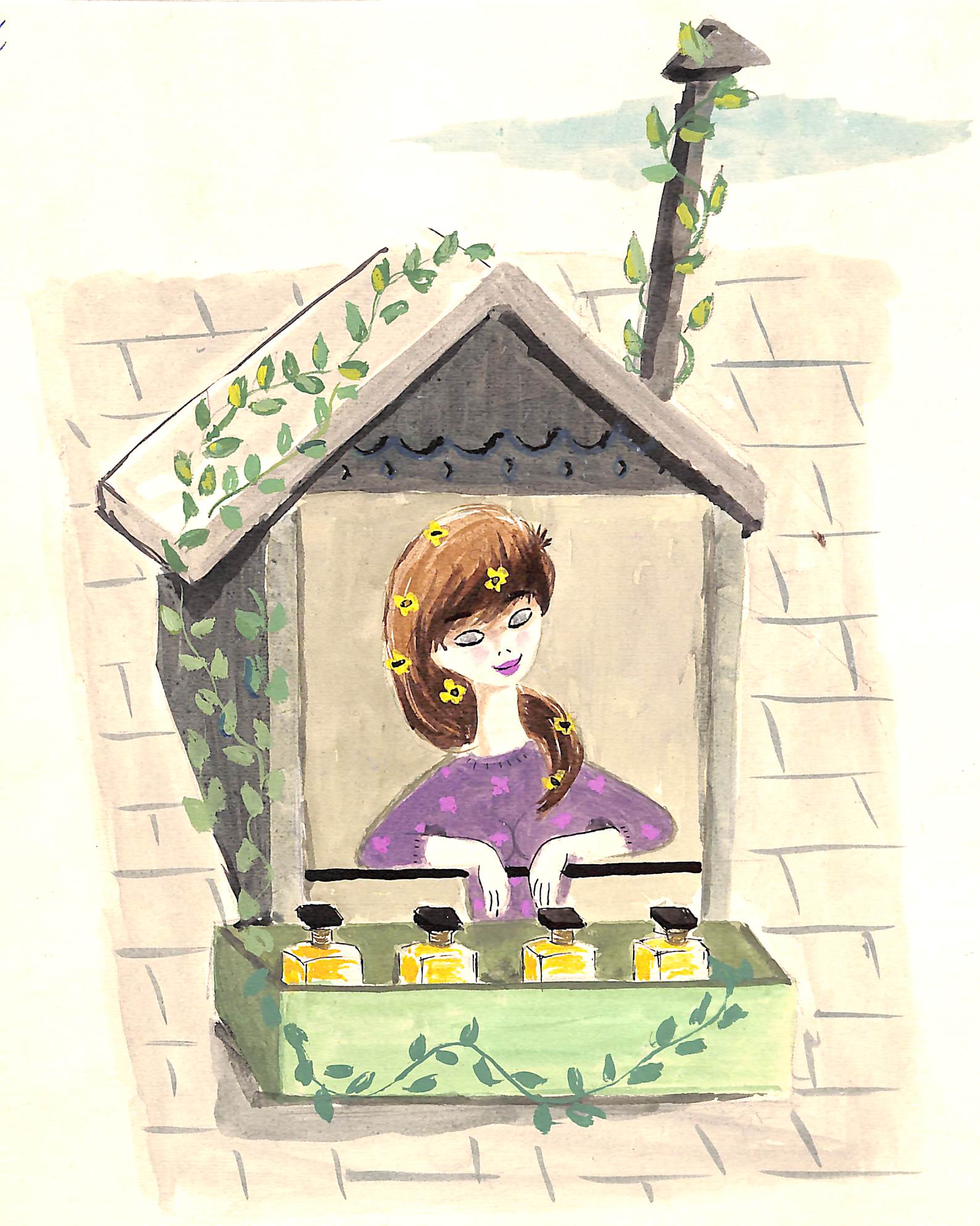 Lanvin Paris Girl w/ Perfume Bottle Windowsill c1950s Artwork [Very Good]