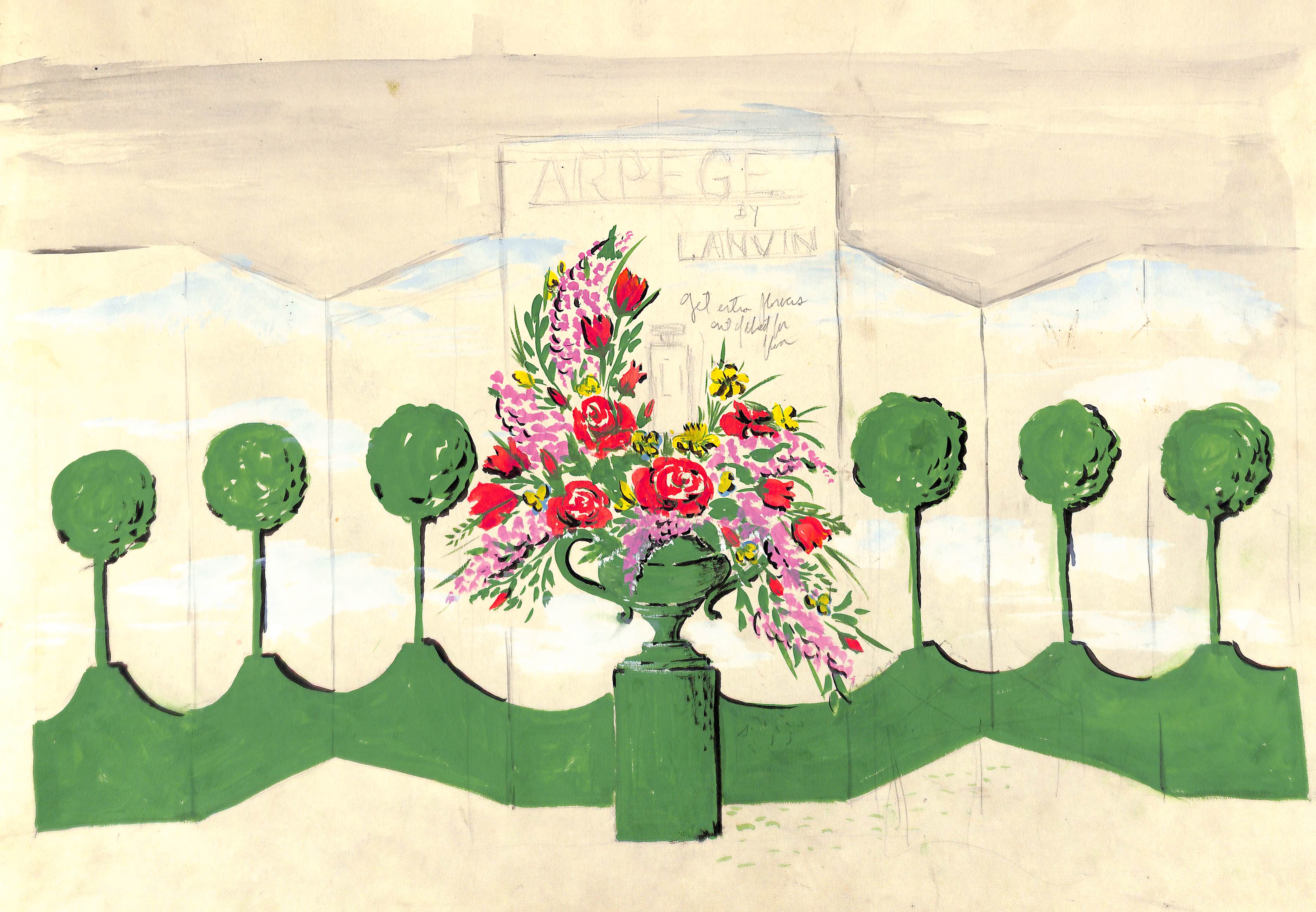 Lanvin Paris Arpege Perfume Floral Topiary c1950s Artwork [Very Good]