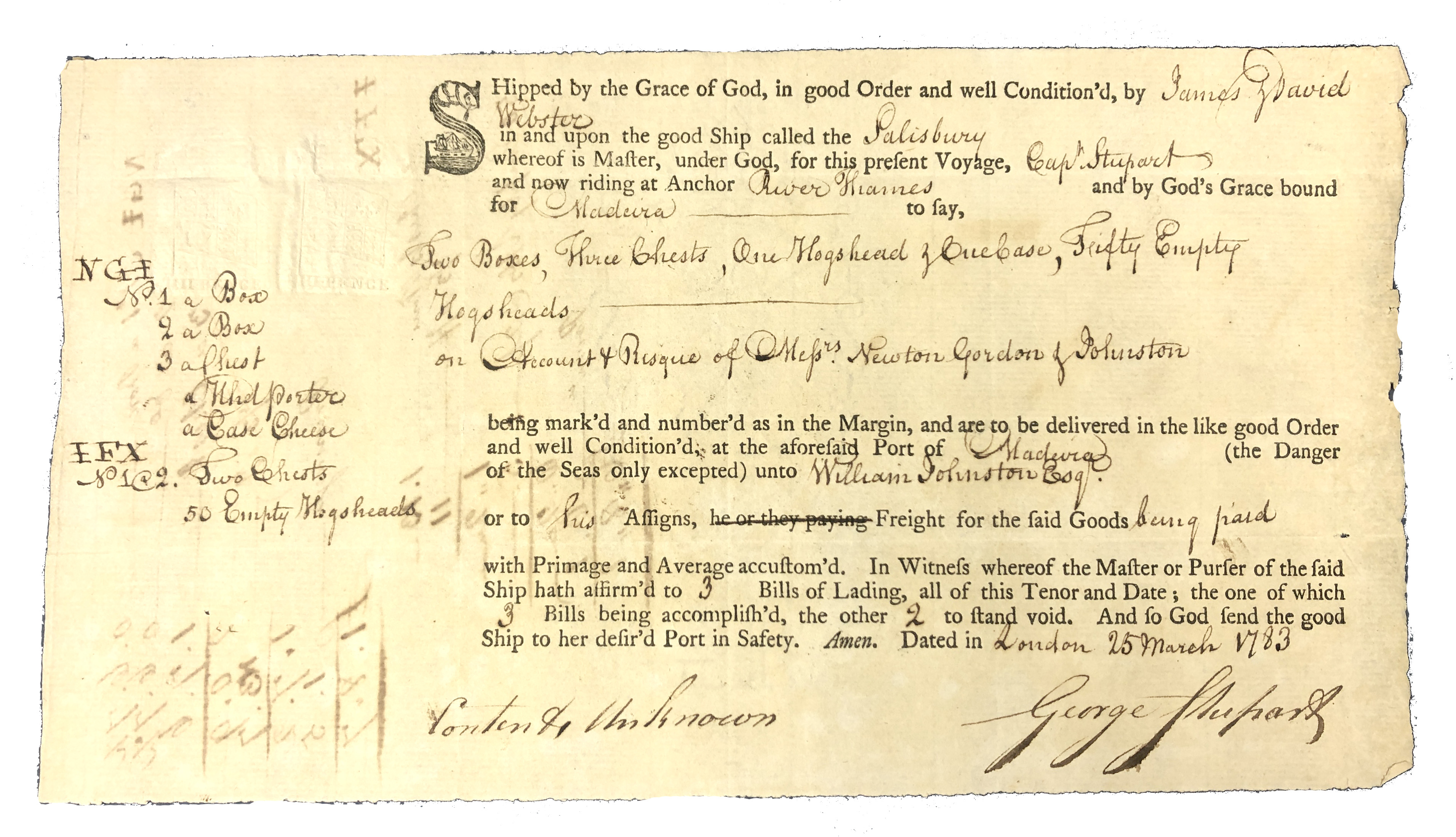 [NEWTON, GORDON & JOHNS TON.] [Bill of lading for a cargo of porter, cheese, and wine casks bound from London to Madeira for delivery to William John