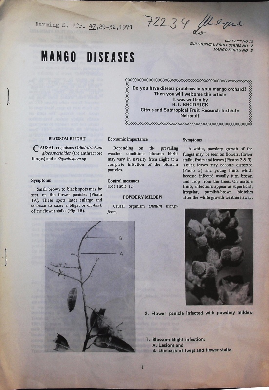 Mango diseases. Farming S. Afr. 47, 29-32, 1971. by Brodrick, H. T.::  (1971)
