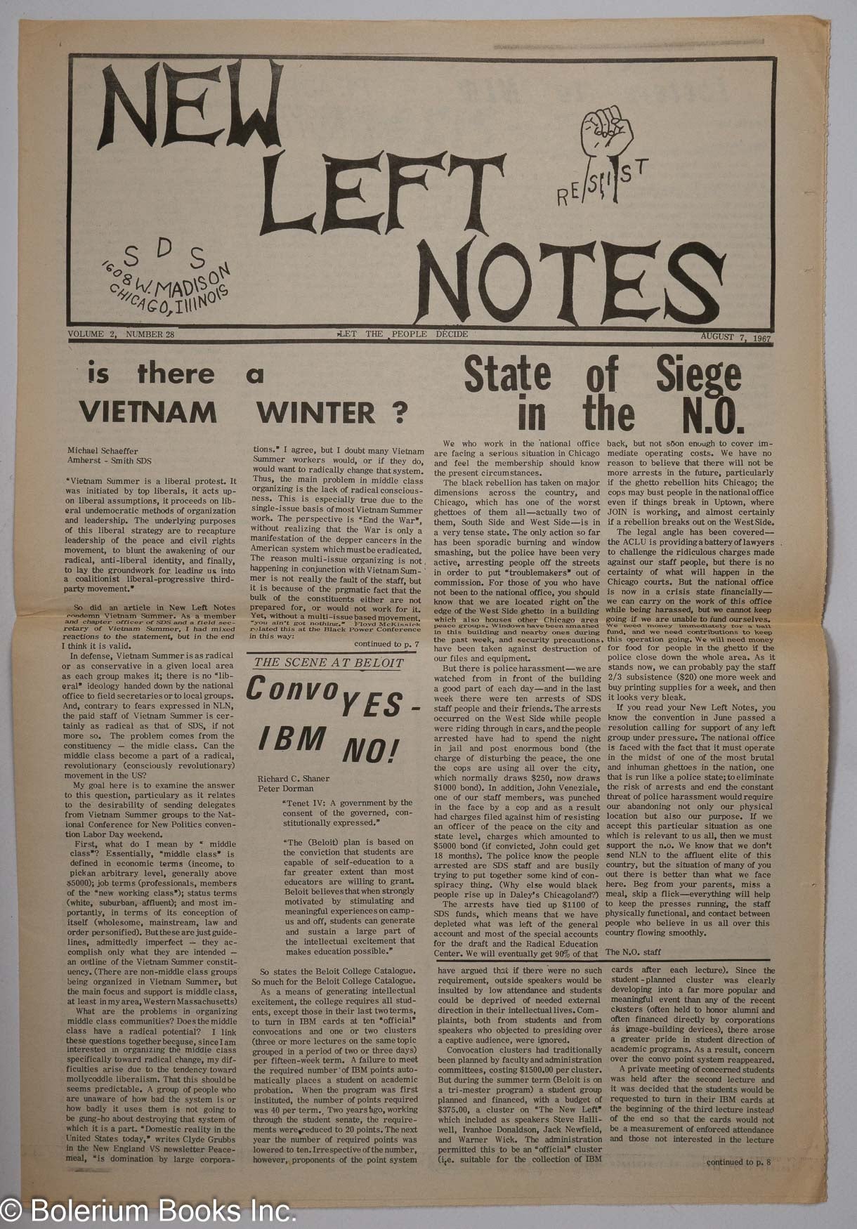Sds New Left Notes Vol 2 No 28 August 7 1967 1967 Magazine