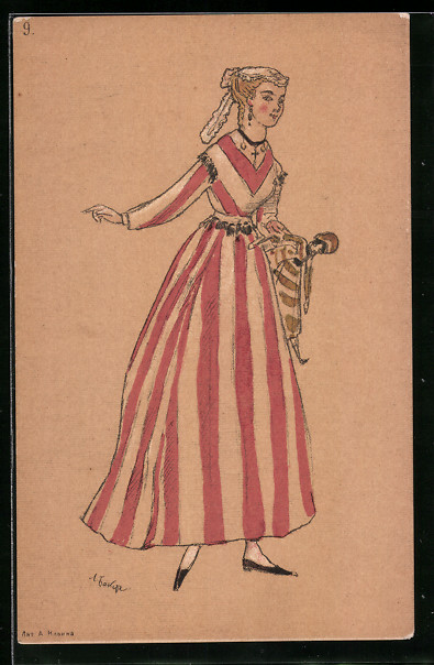 Künstler-Ansichtskarte sign. Bakst: Junge Dame mit Puppe und Kreuzkette in einem rotweiss gestreiften Kleid, Rotes Kreuz Russland [Very Good]