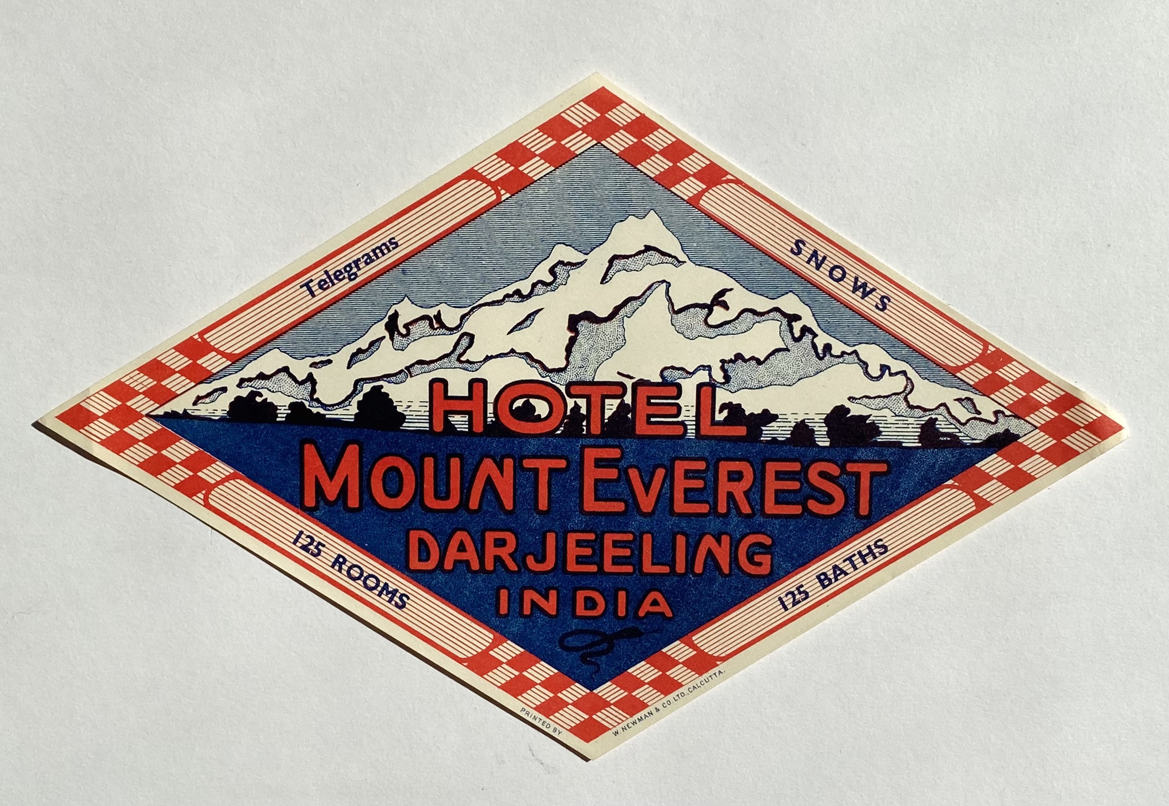 Original Vintage Luggage Label - Hotel Mount Everest, Darjeeling India:  (1950) 1st Edition Art / Print / Poster