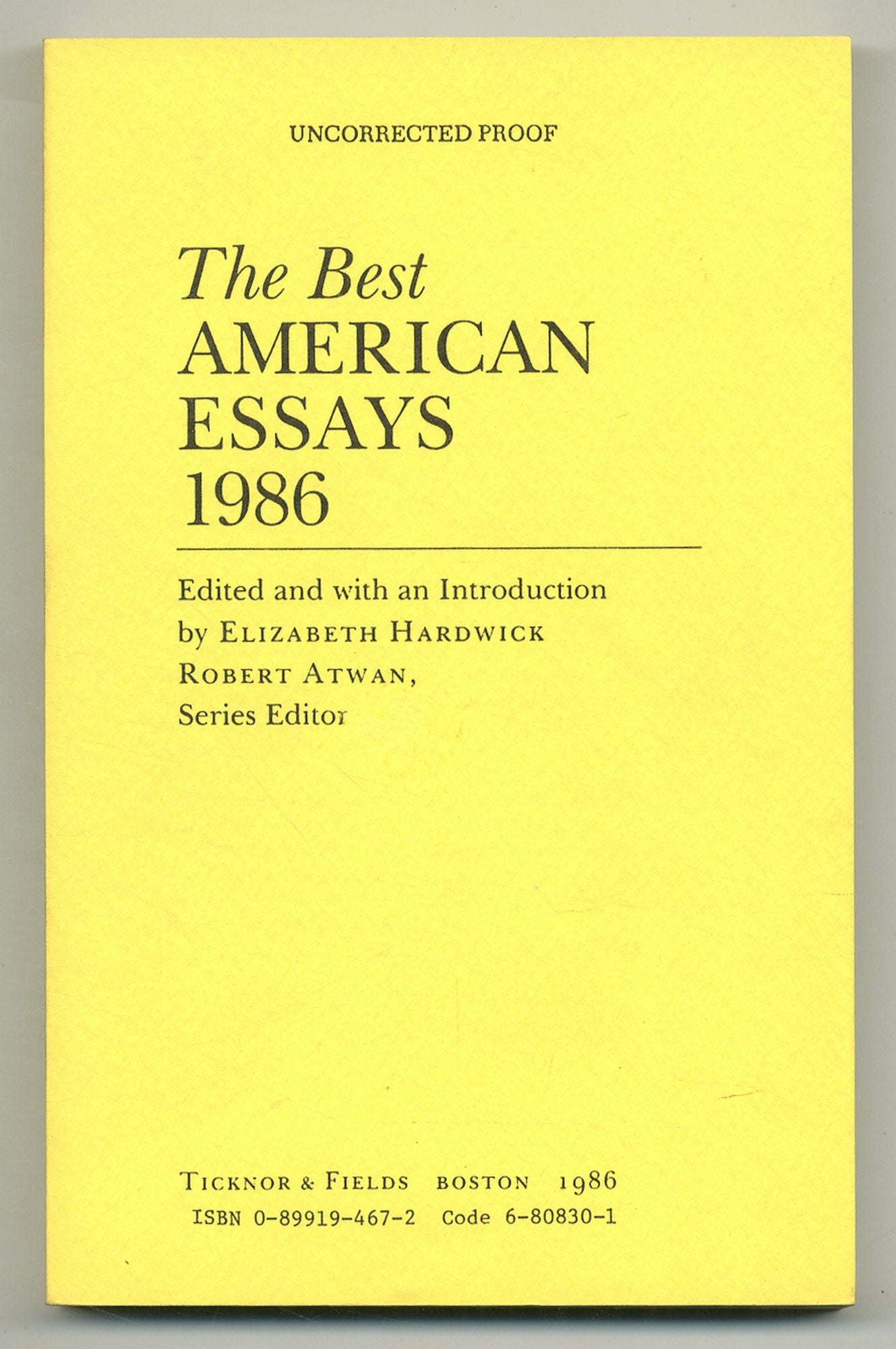 The Best American Essays 1986 - HARDWICK, Elizabeth, edited and with an introduction by