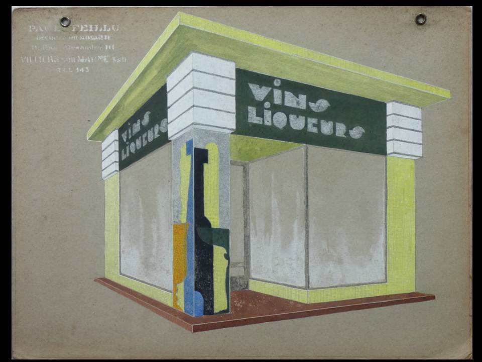 PAUL FEILLU, PROJET BOUTIQUE "VINS LIQUEURS" -1930- GOUACHE ORIGINALE, FRENCH ART DECO WINE STORE PROJECT [Very Good]