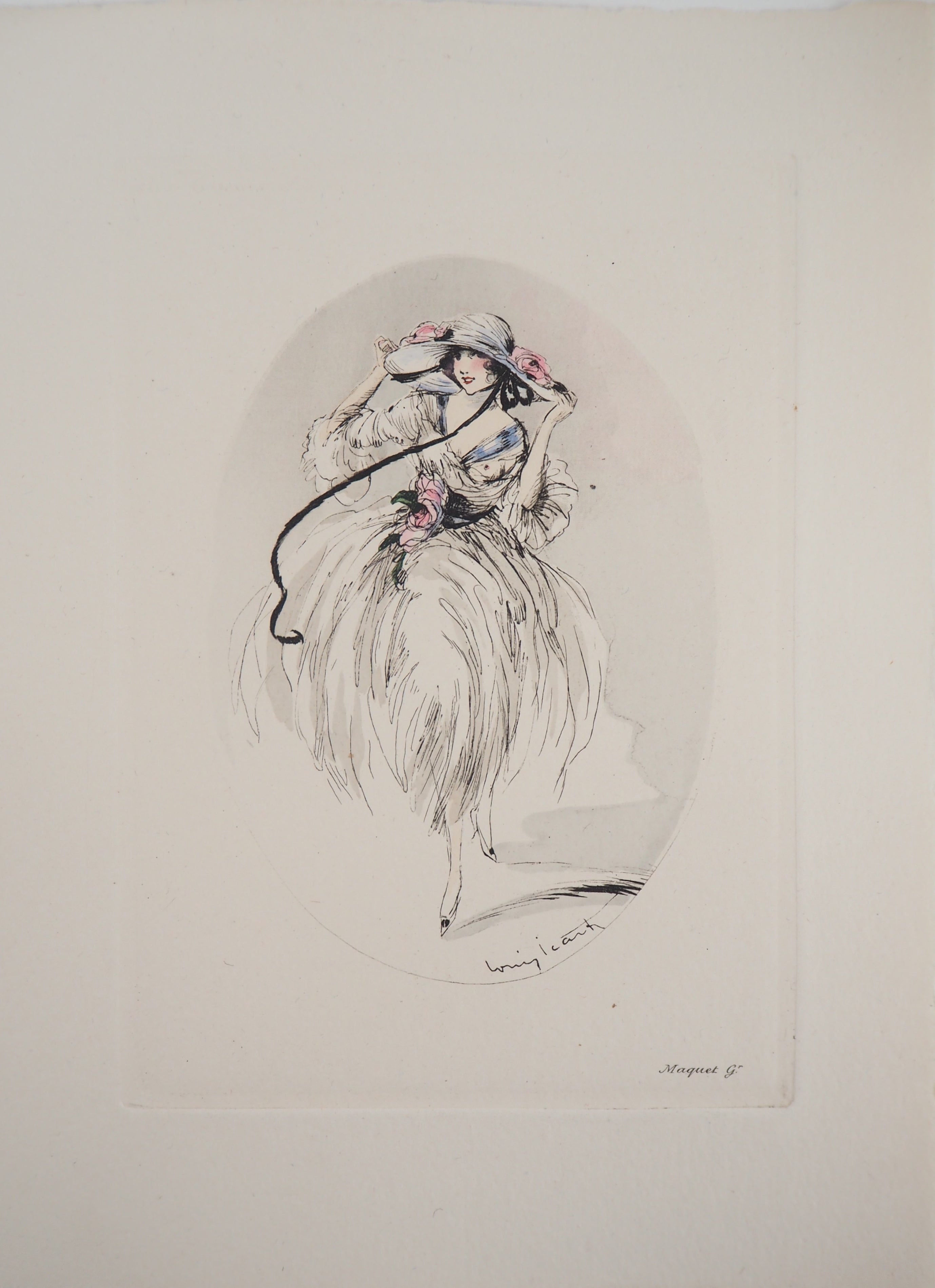 Louis ICART : Jeune femme au chapeau paré de roses, Gravure originale signée [Très bon]