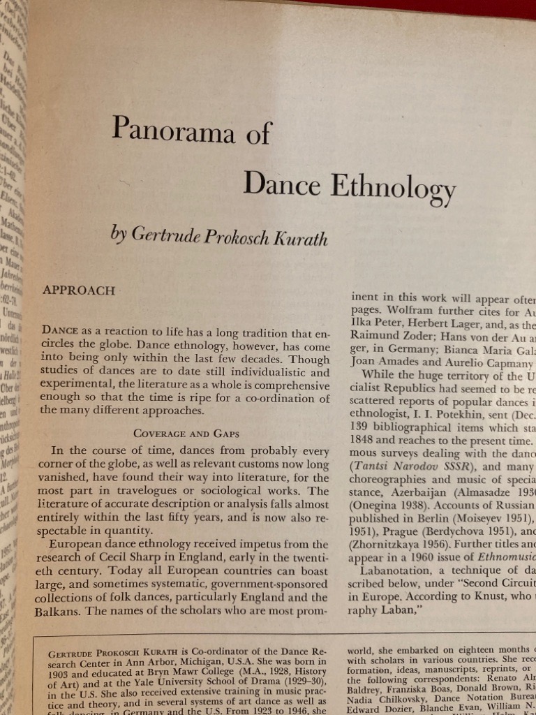 Panorama of Dance Ethnology. by Prokosch Kurath, Gertrude Very Good
