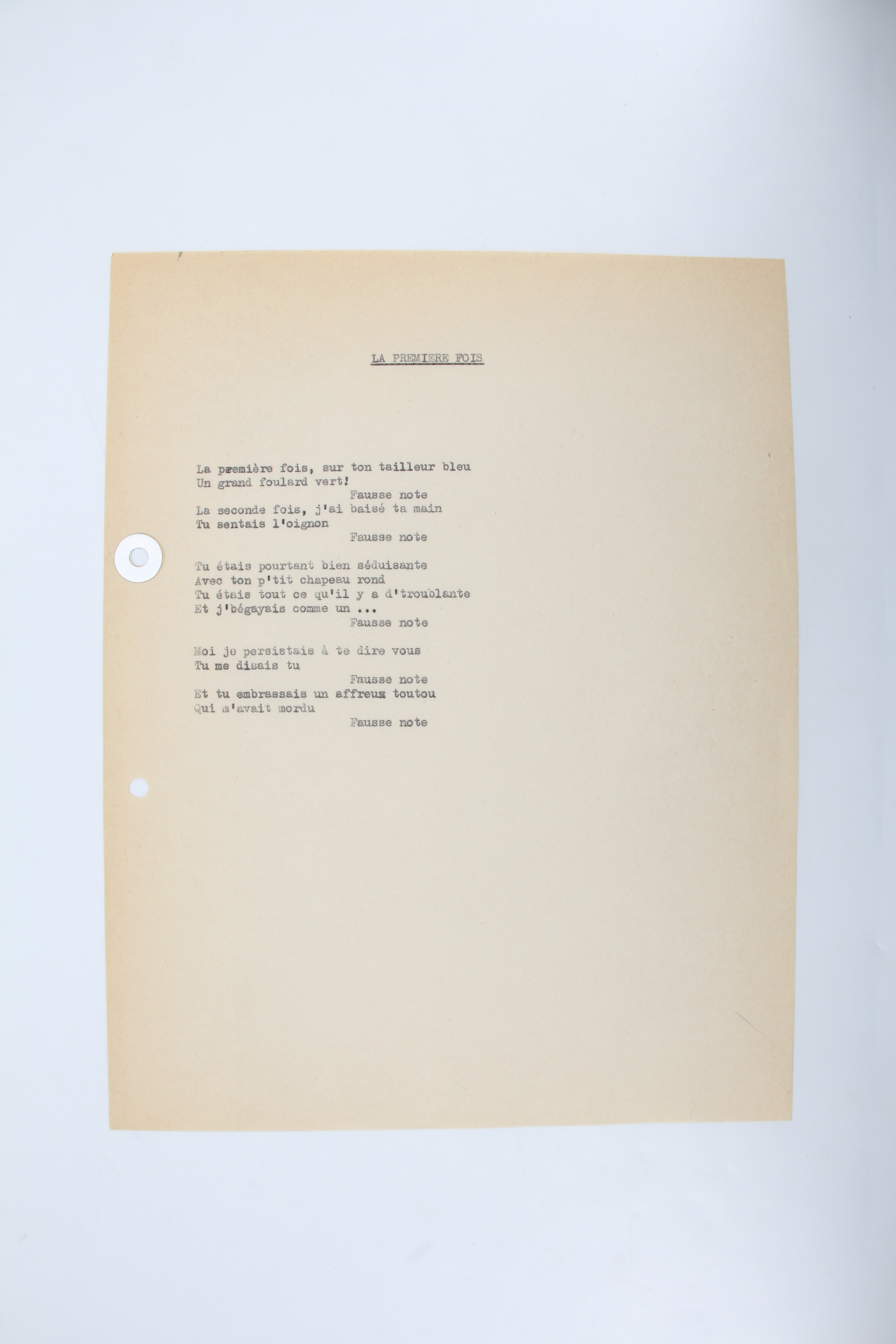 [Signé] Ensemble complet du manuscrit et du tapuscrit de la chanson de Boris Vian intitulée "La première fois" Boris VIAN [ ] [Couverture souple]