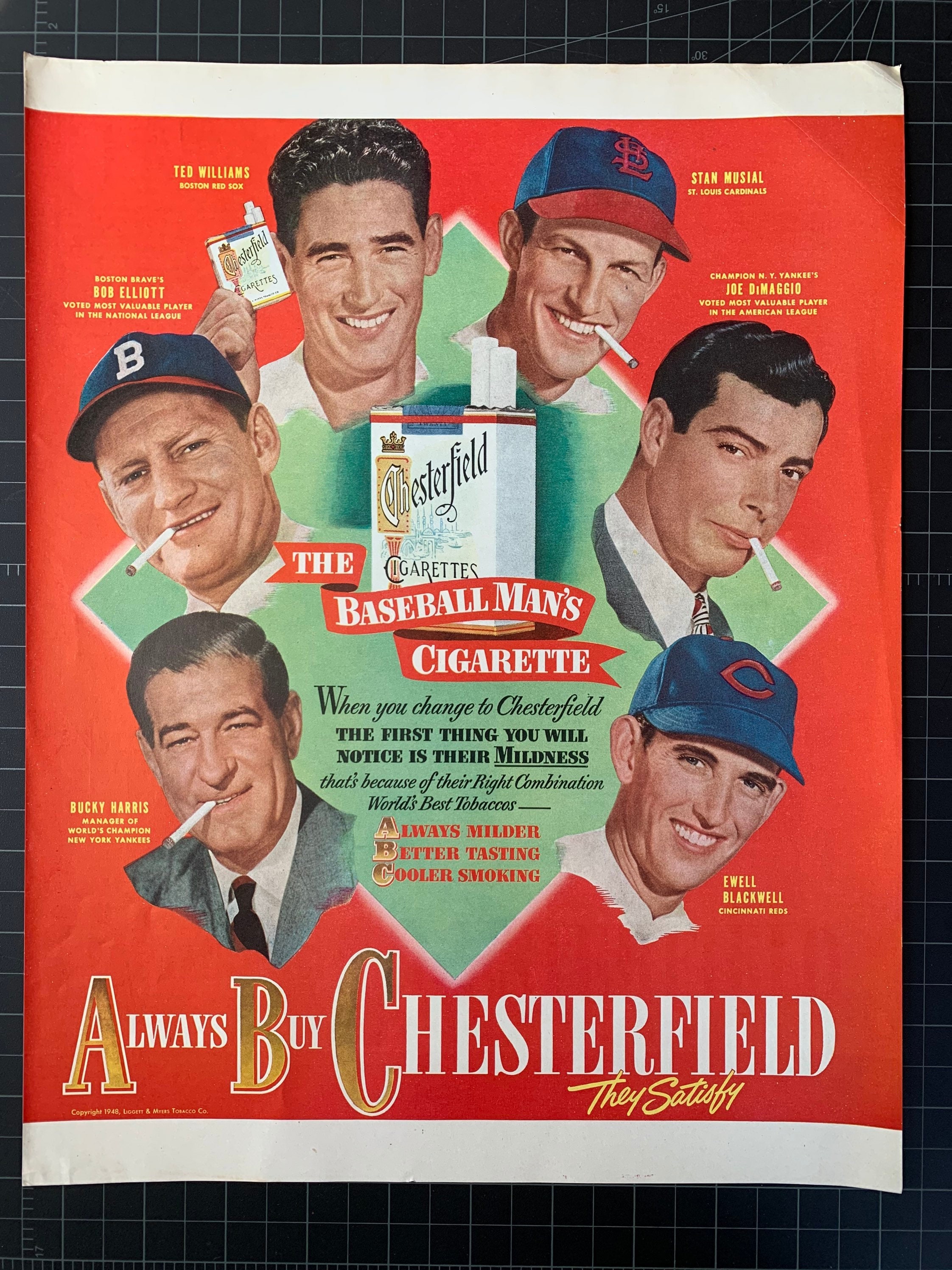 Rare vintage 1948 chesterfield cigarettes print ad - baseball
