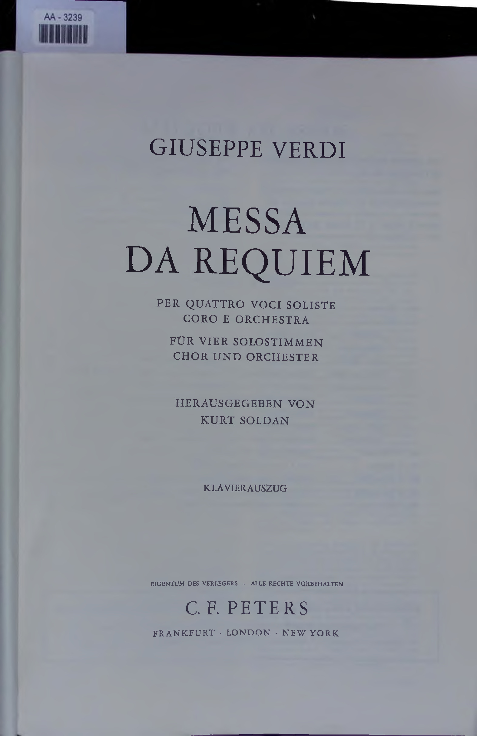 Giuseppe Verdi, Requiem, Vocal Score, Edition Peters 4251, text in Latin