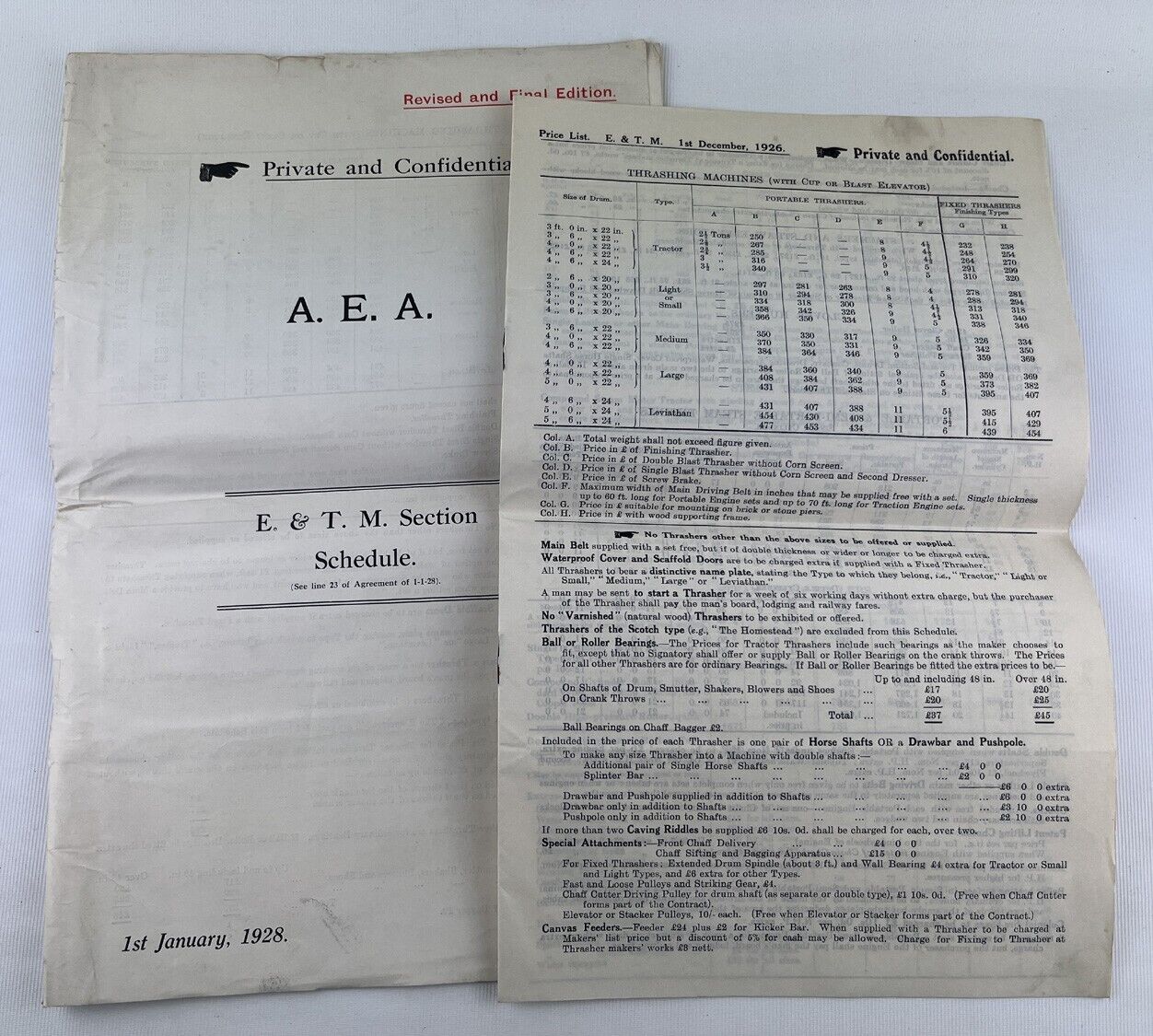 1928 Private and Confidential Agricultural Engineers Association Engine & Thrashing Machine Section & Schedule of Freight Charges to Ireland and the