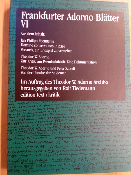 Frankfurter Adorno Blätter VI. (= Frankfurter Adorno Blätter). - Tiedemann, Rolf (Hrsg.)